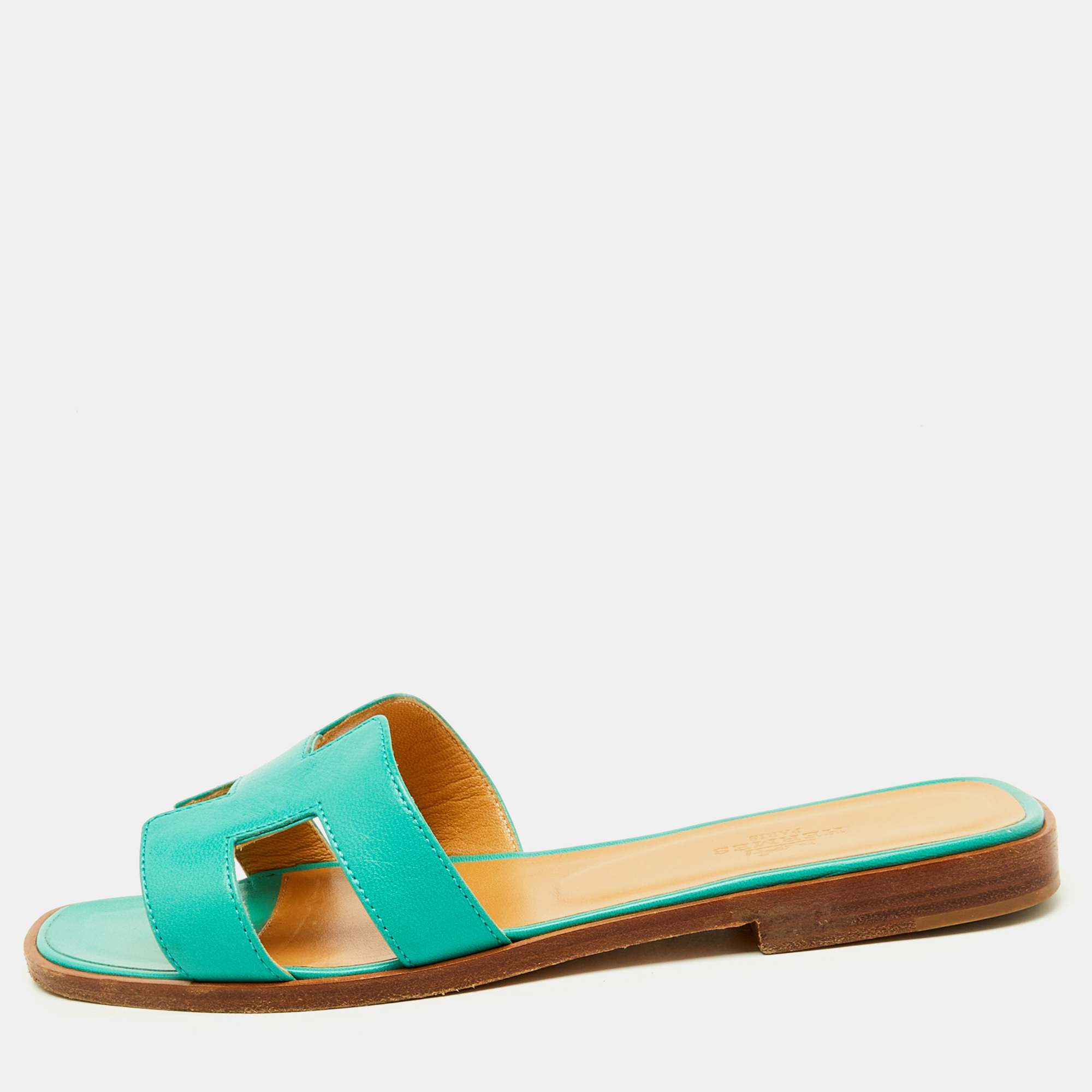 

Hermes Turquoise Blue Leather Oran Flat Slide Sandals Size