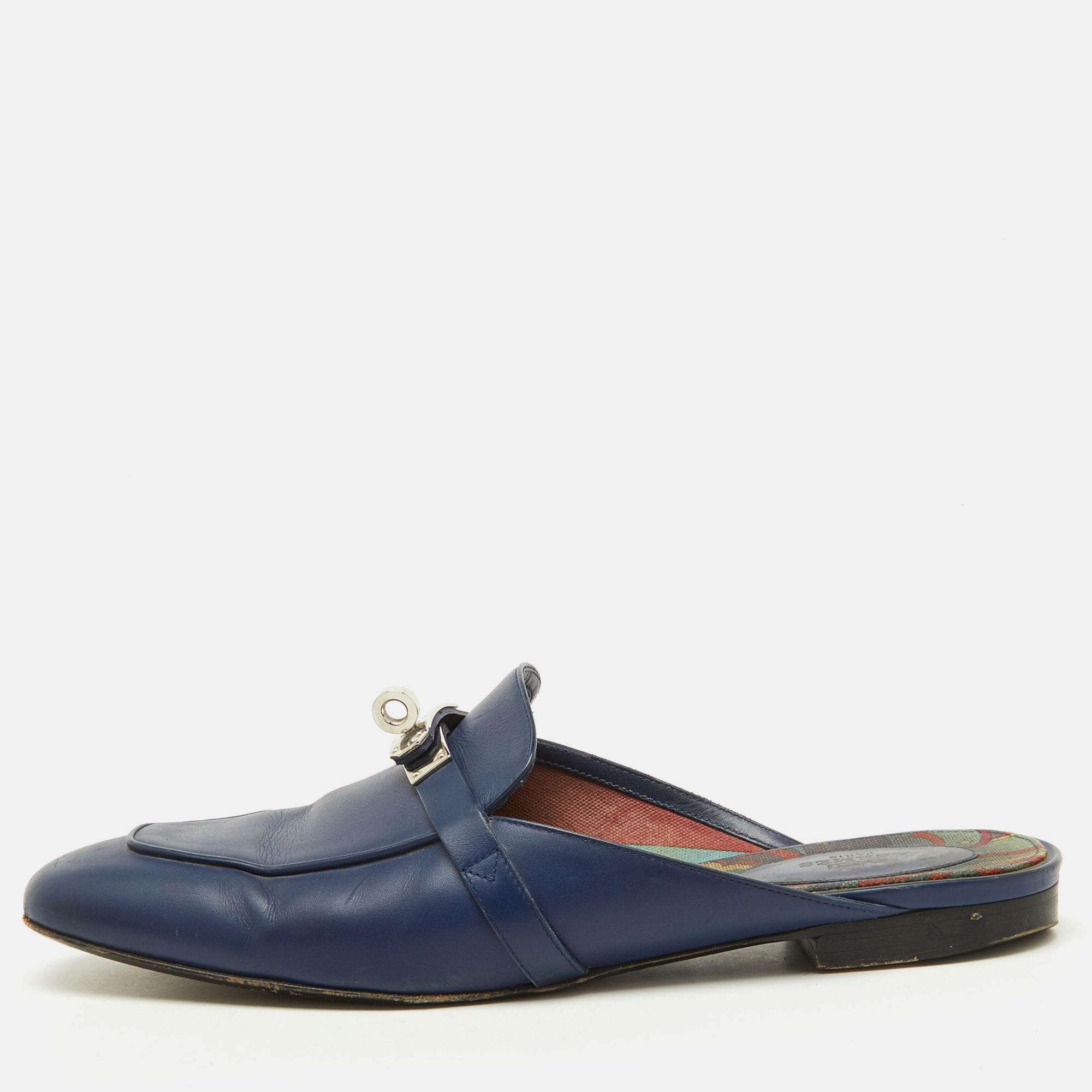 

Hermes Navy Blue Leather Oz Flat Mules Size