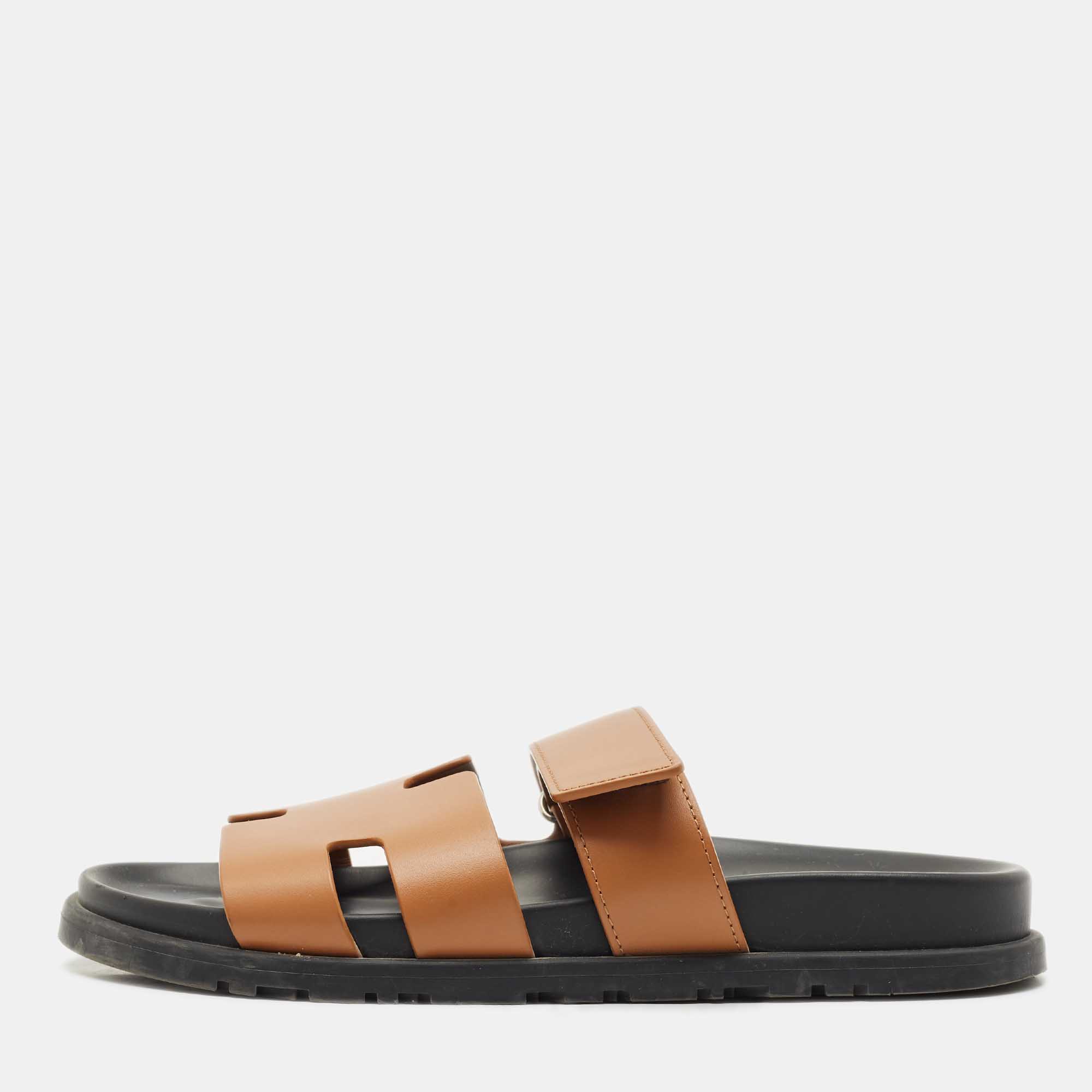 

Hermes Brown Leather Chypre Flat Sandals Size