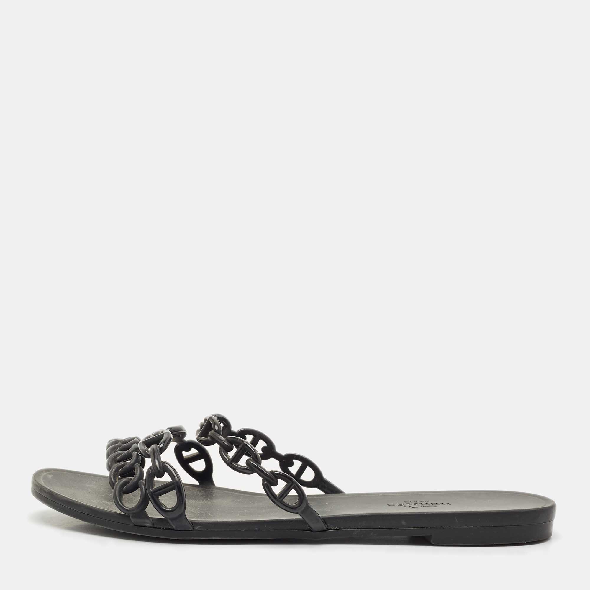 

Hermes Black Jelly Chaine d'Ancre Rivage Slide Flats Size