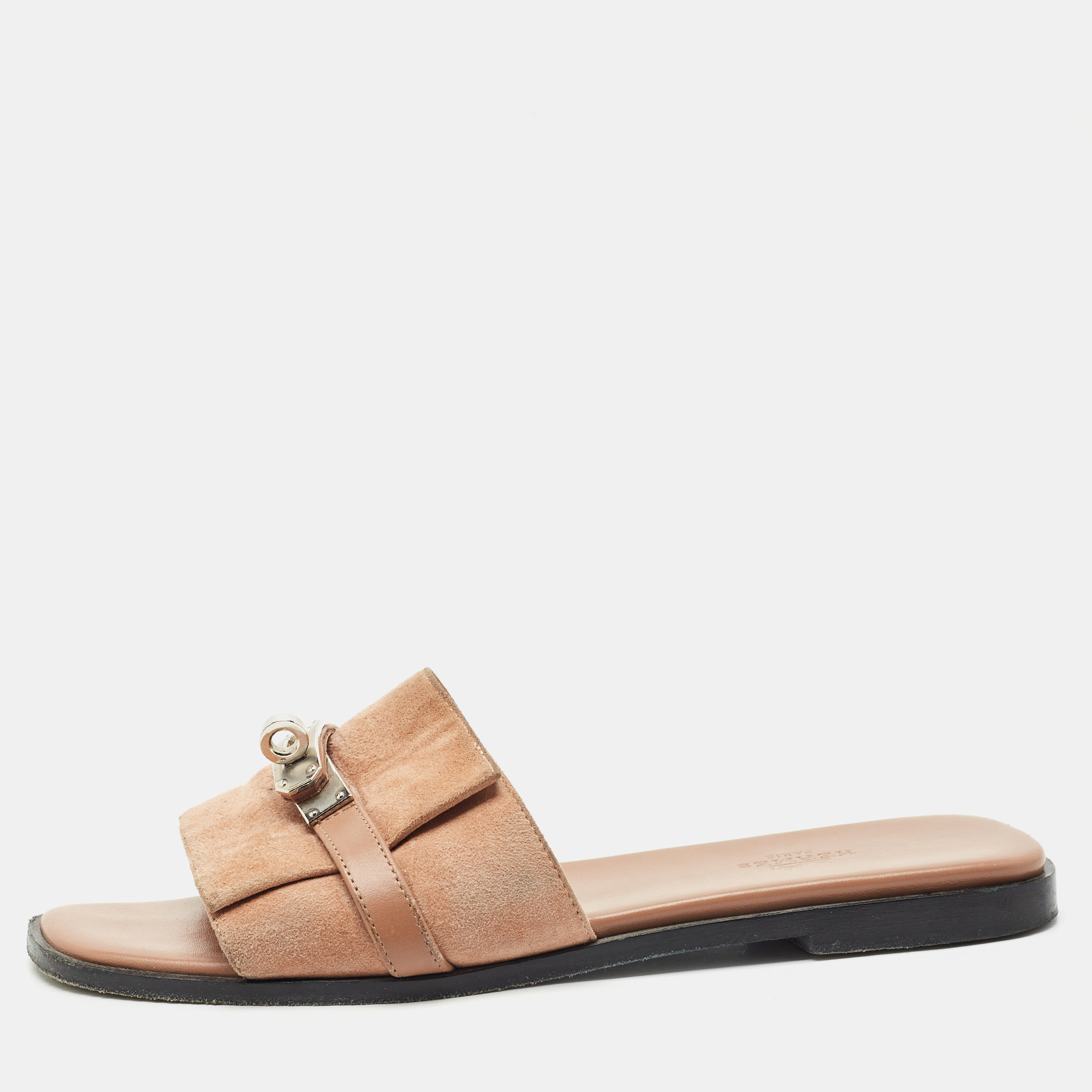 

Hermes Light Brown Suede Giulia Flat Slides Size