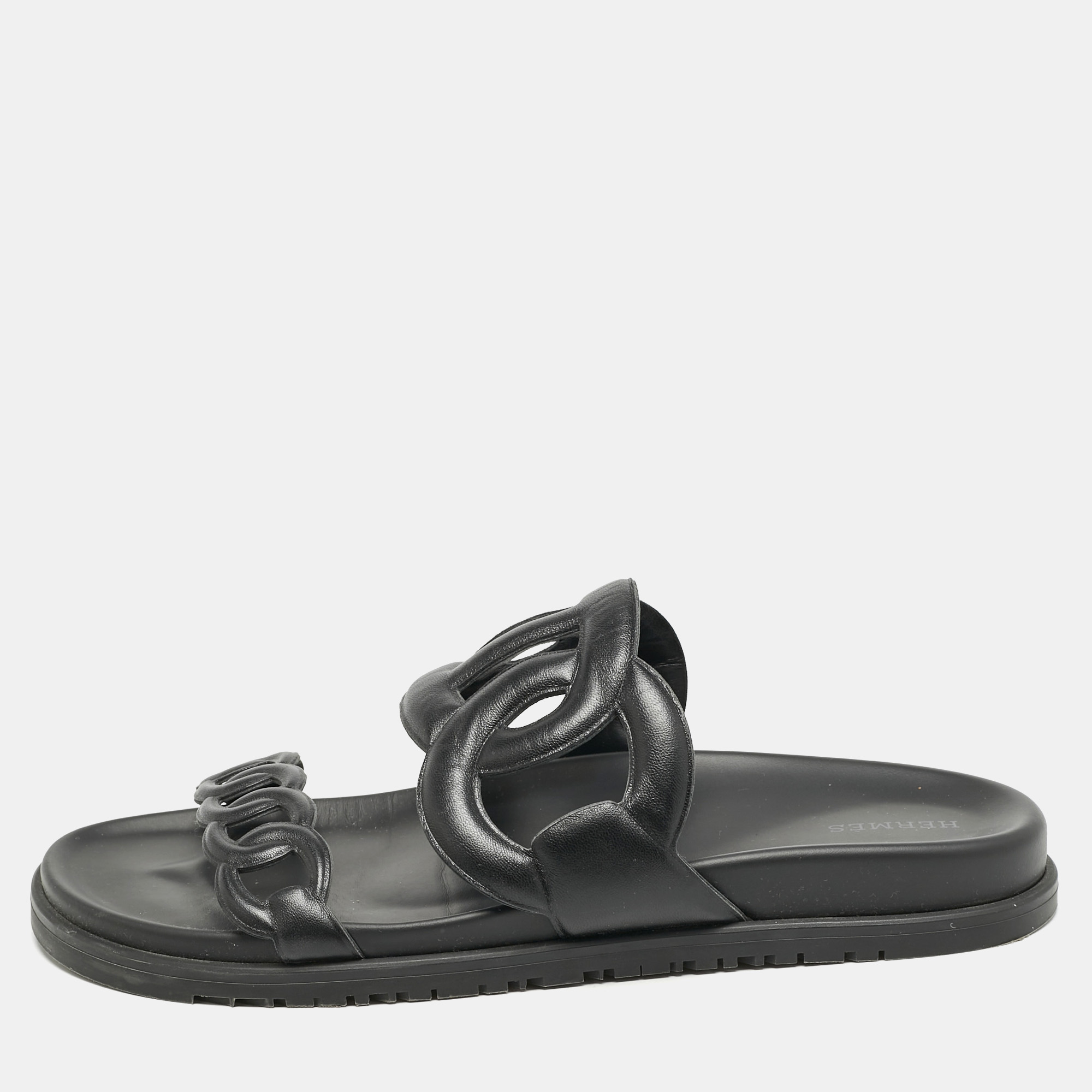 

Hermes Black Leather Extra Sandals Size