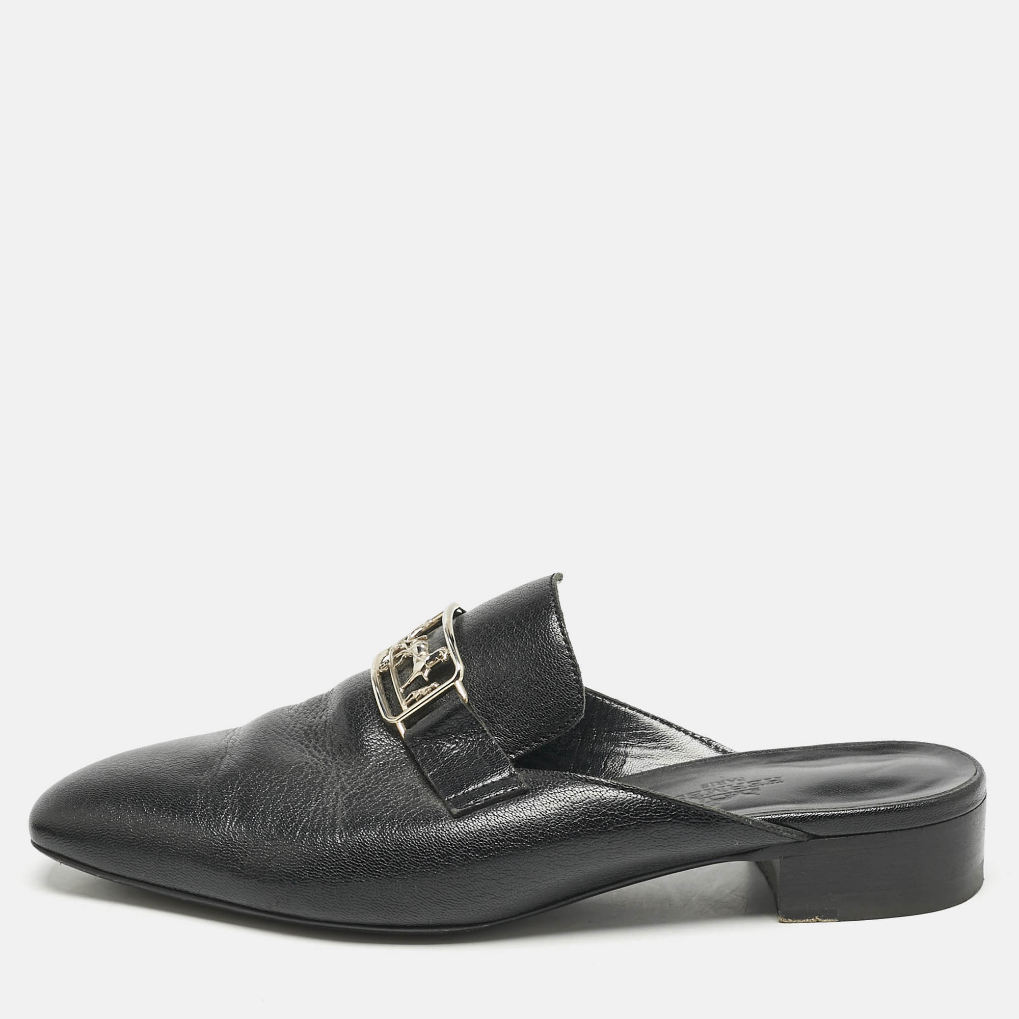 

Hermes Black Leather Vincennes Flat Mules Size