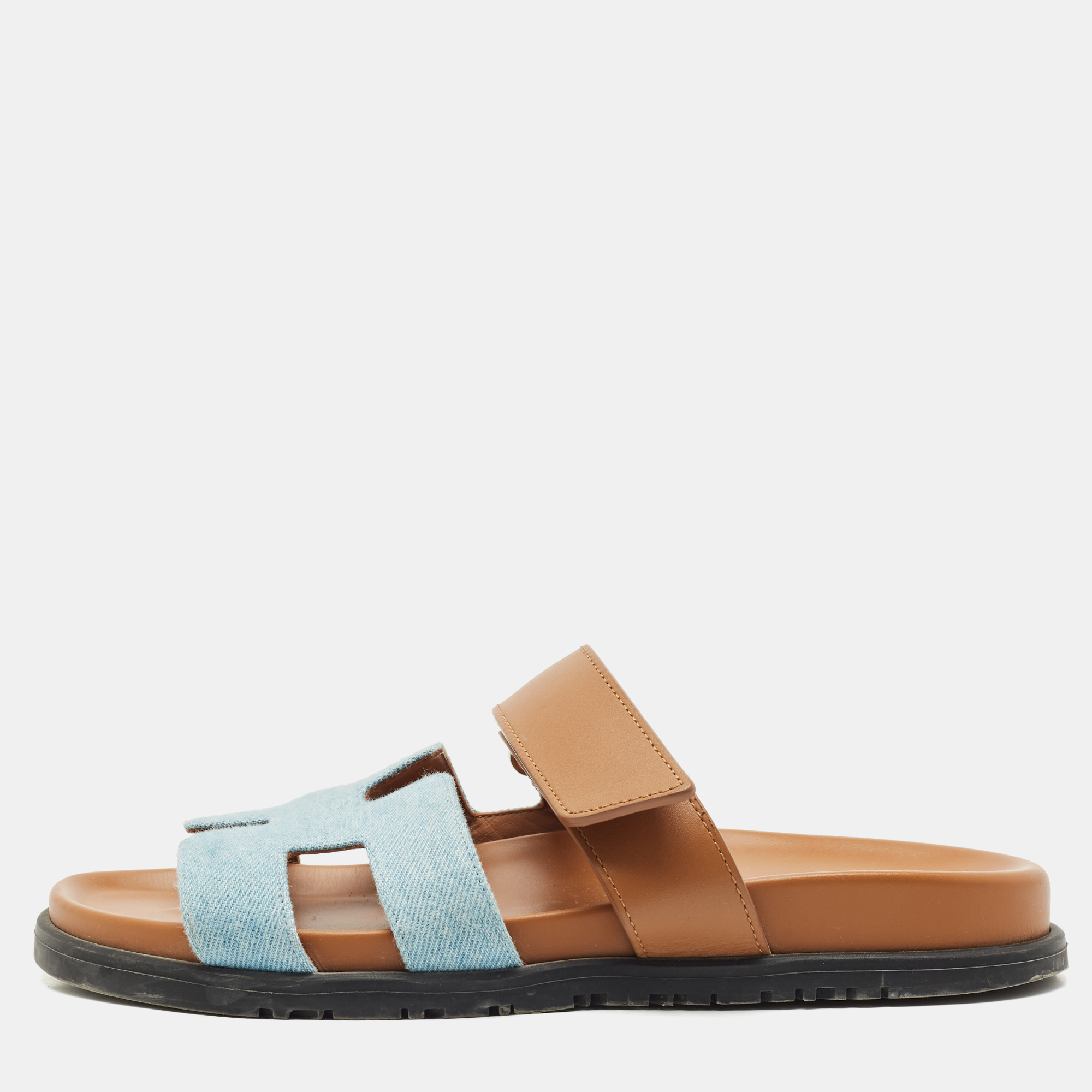

Hermes Brown Denim and Leather Chypre Flat Sandals Size