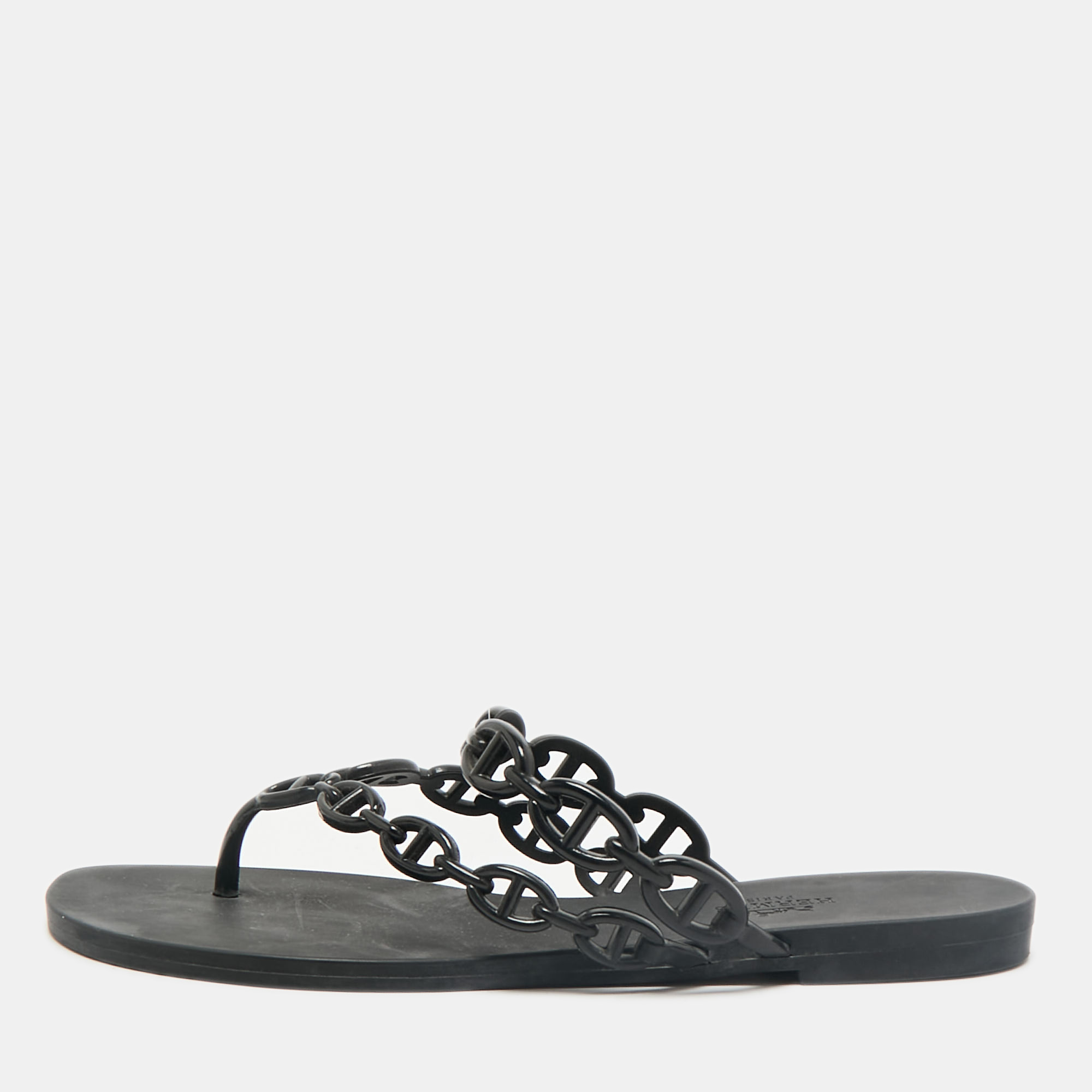 

Hermes Black Rubber Island Flat Sandals Size