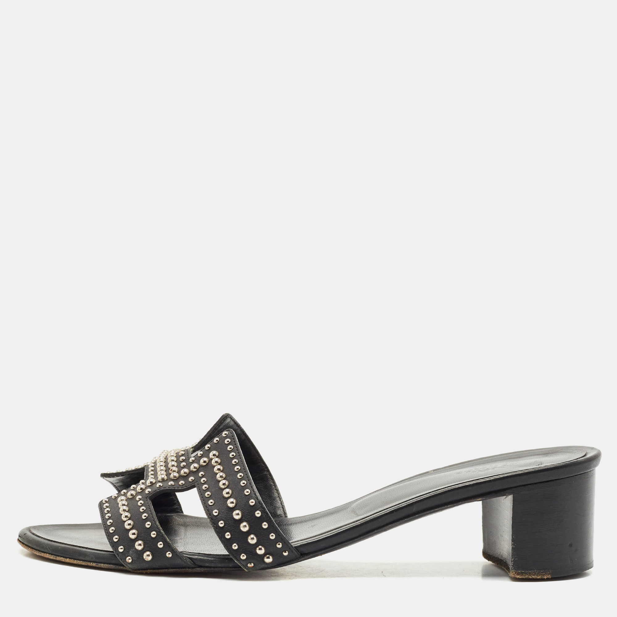 

Hermes Black Leather Studded Oasis Block Heel Sandals Size