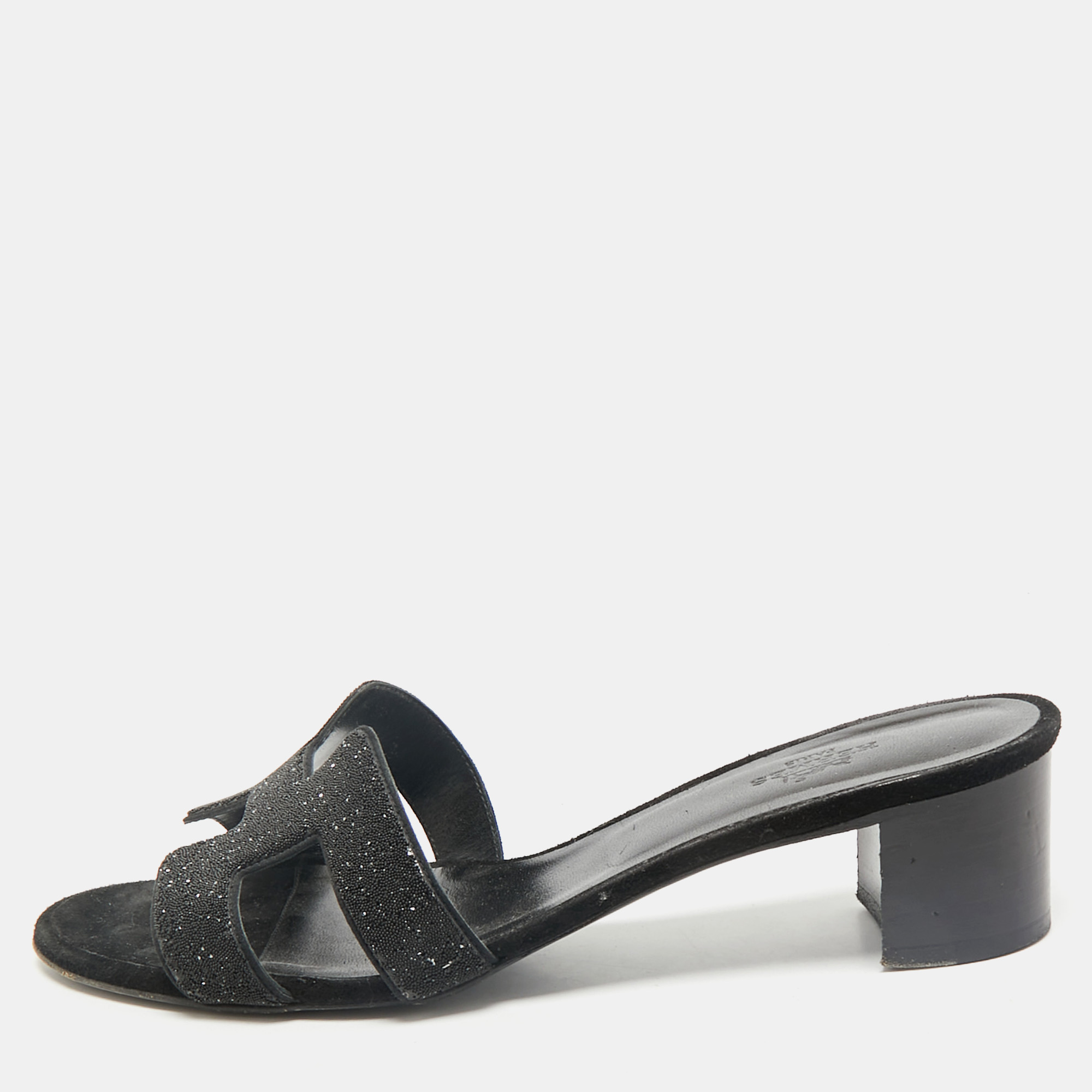 

Hermes Black Glitter Suede Oasis Slide Sandals Size