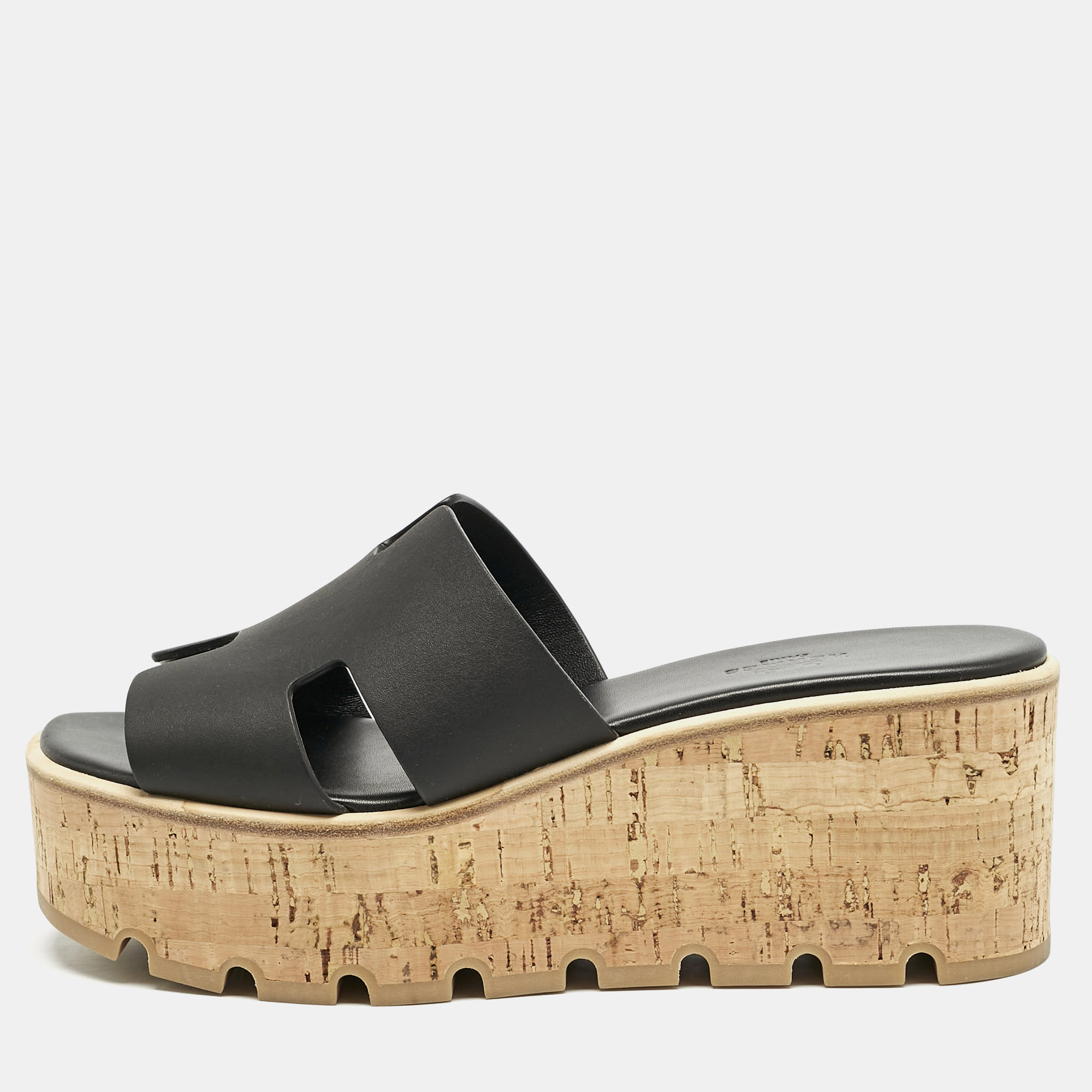 

Hermes Black Leather Eze Platform Cork Wedge Sandals Size