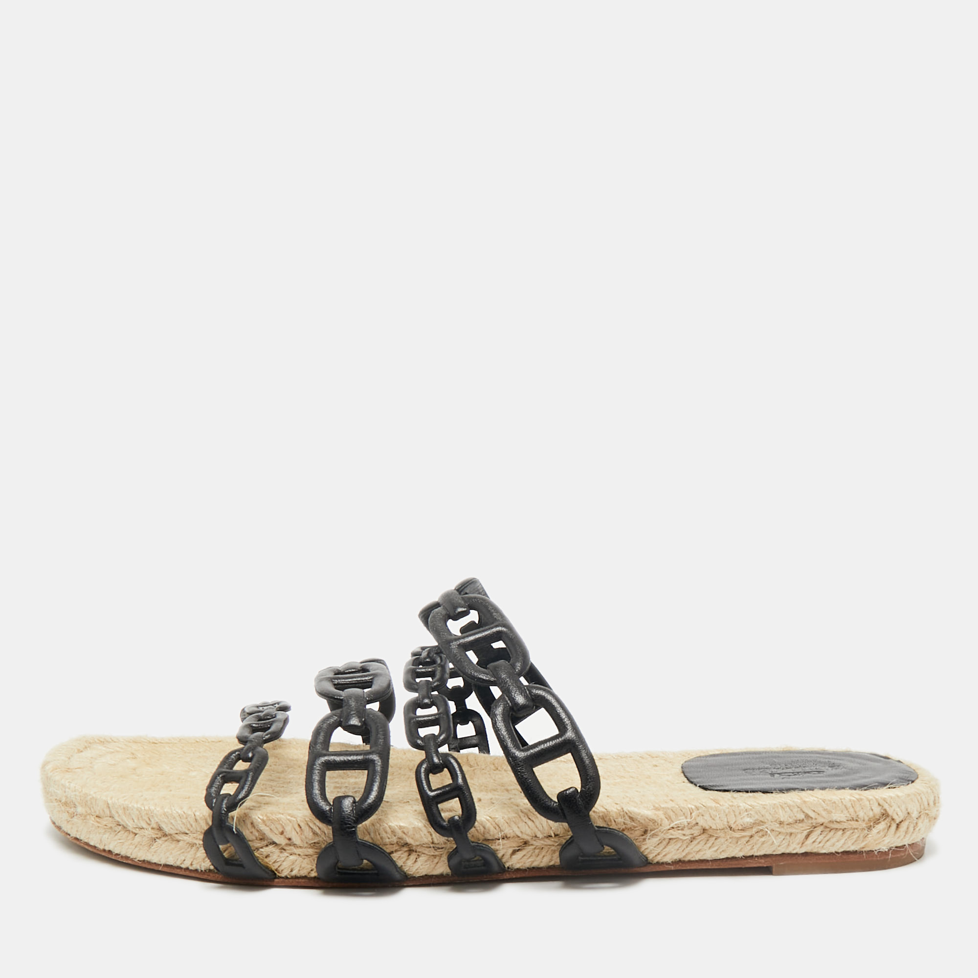 

Hermes Black Leather Ancone Espadrille Flats Size