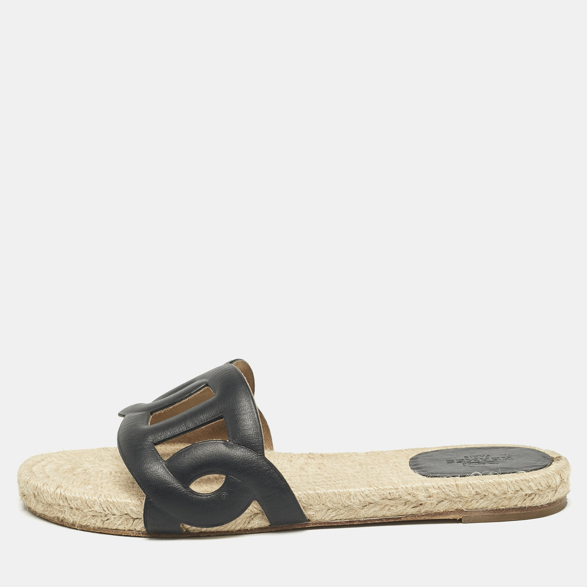 

Hermès Black Leather Famosa Espradrille Flats Size