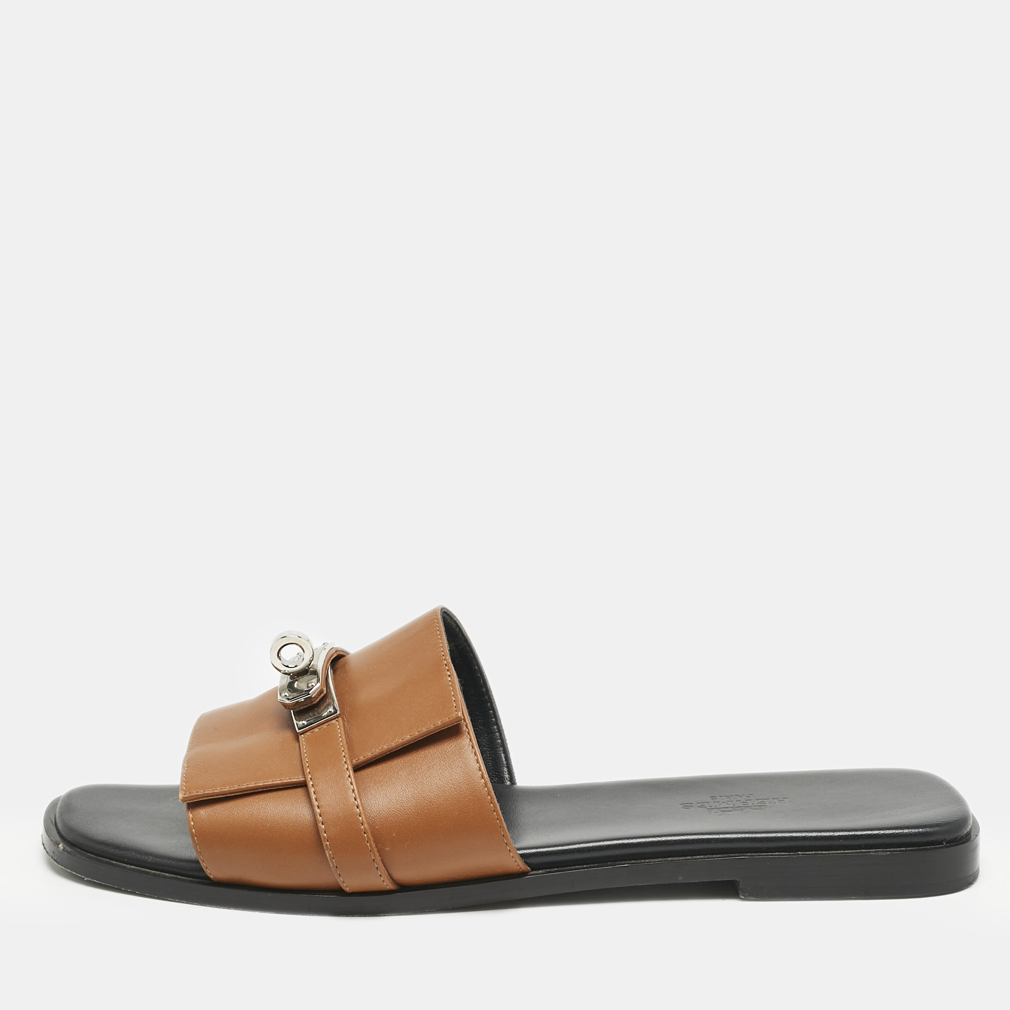 

Hermes Brown Leather Giulia Flat Slides Size