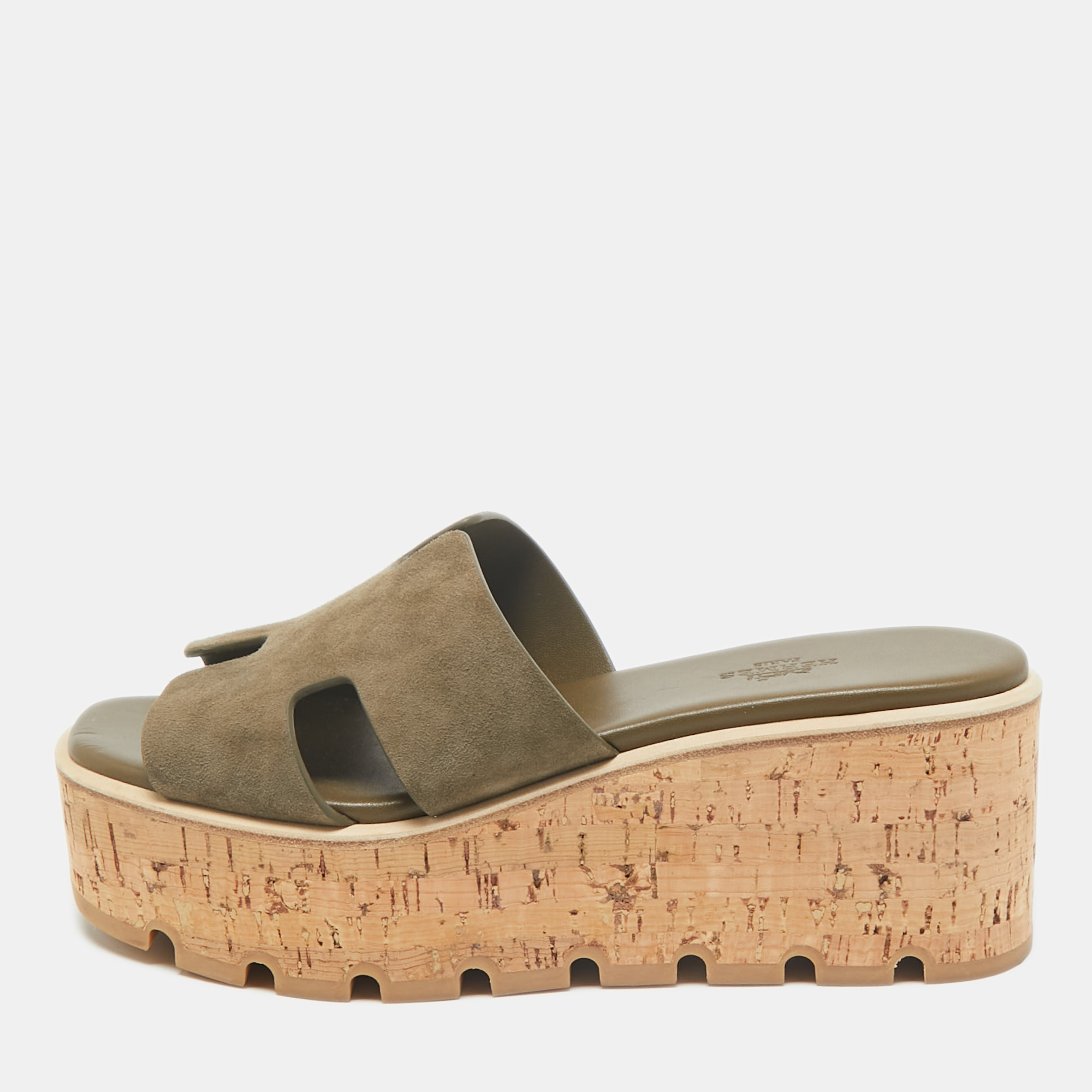 

Hermes Green Suede Eze Cork Platform Wedge Sandals Size