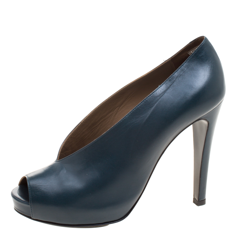 Pre Owned Hermes Blue Leather Peep Toe Platform Pumps Size 37.5