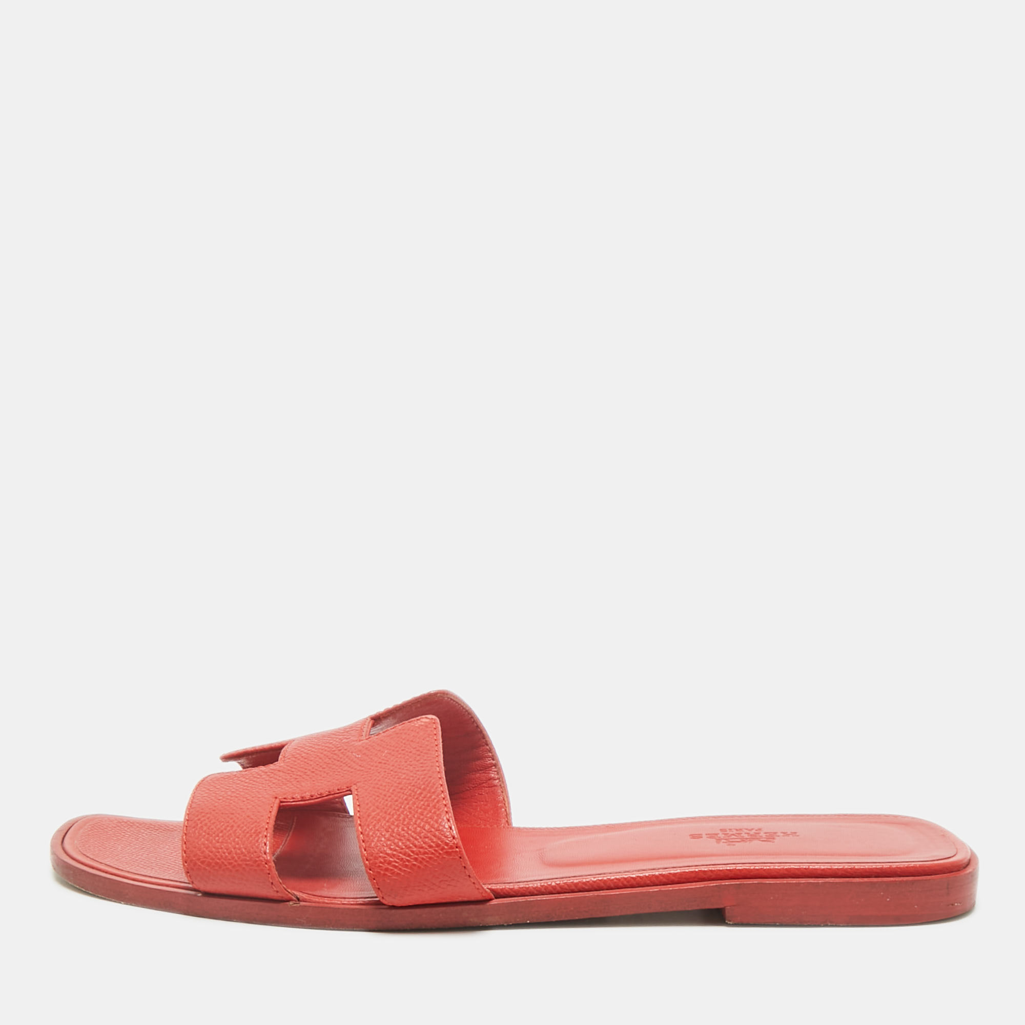 

Hermes Orange Leather Oran Flat Slide Sandals Size
