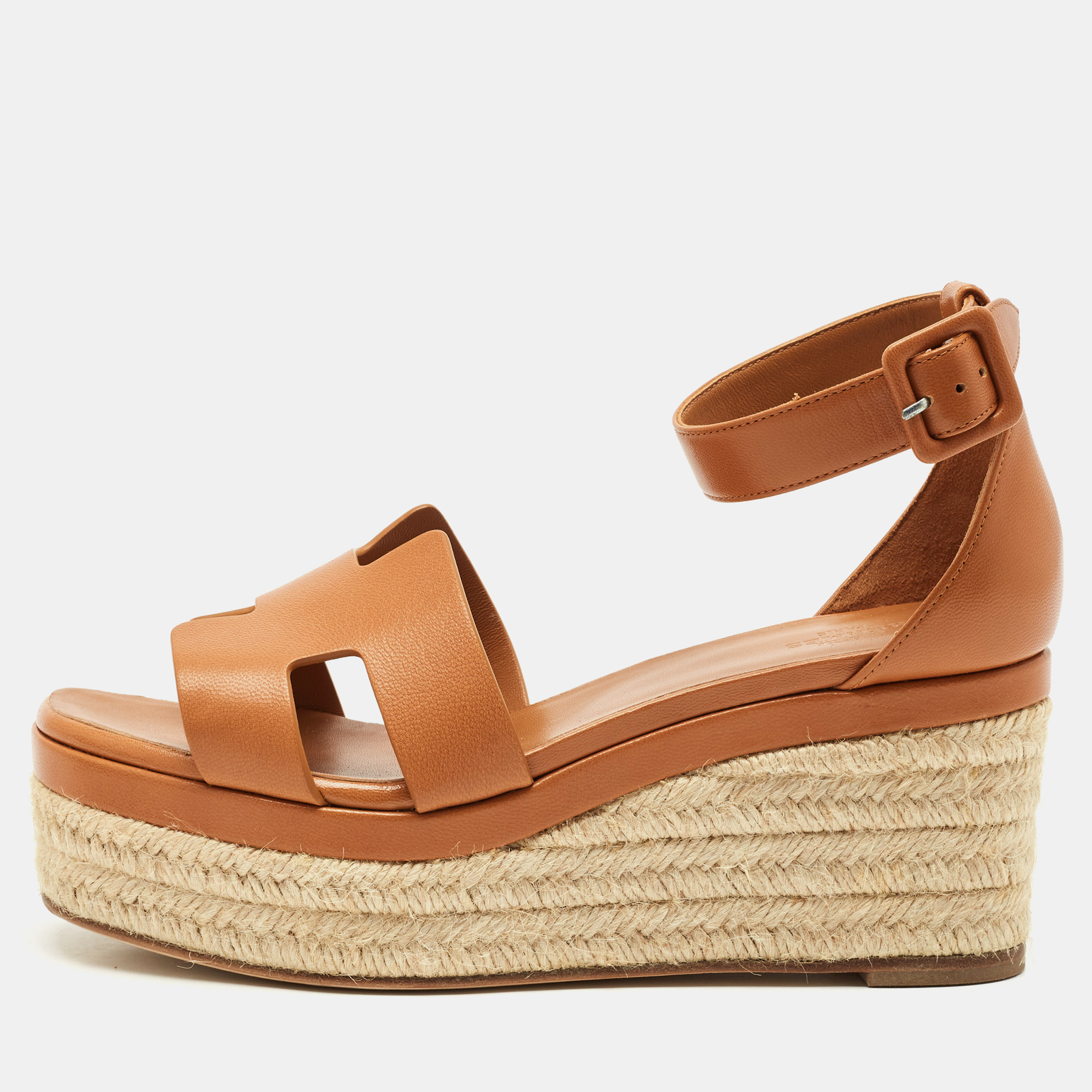 

Hermes Brown Leather Elda Espadrille Wedge Sandals Size
