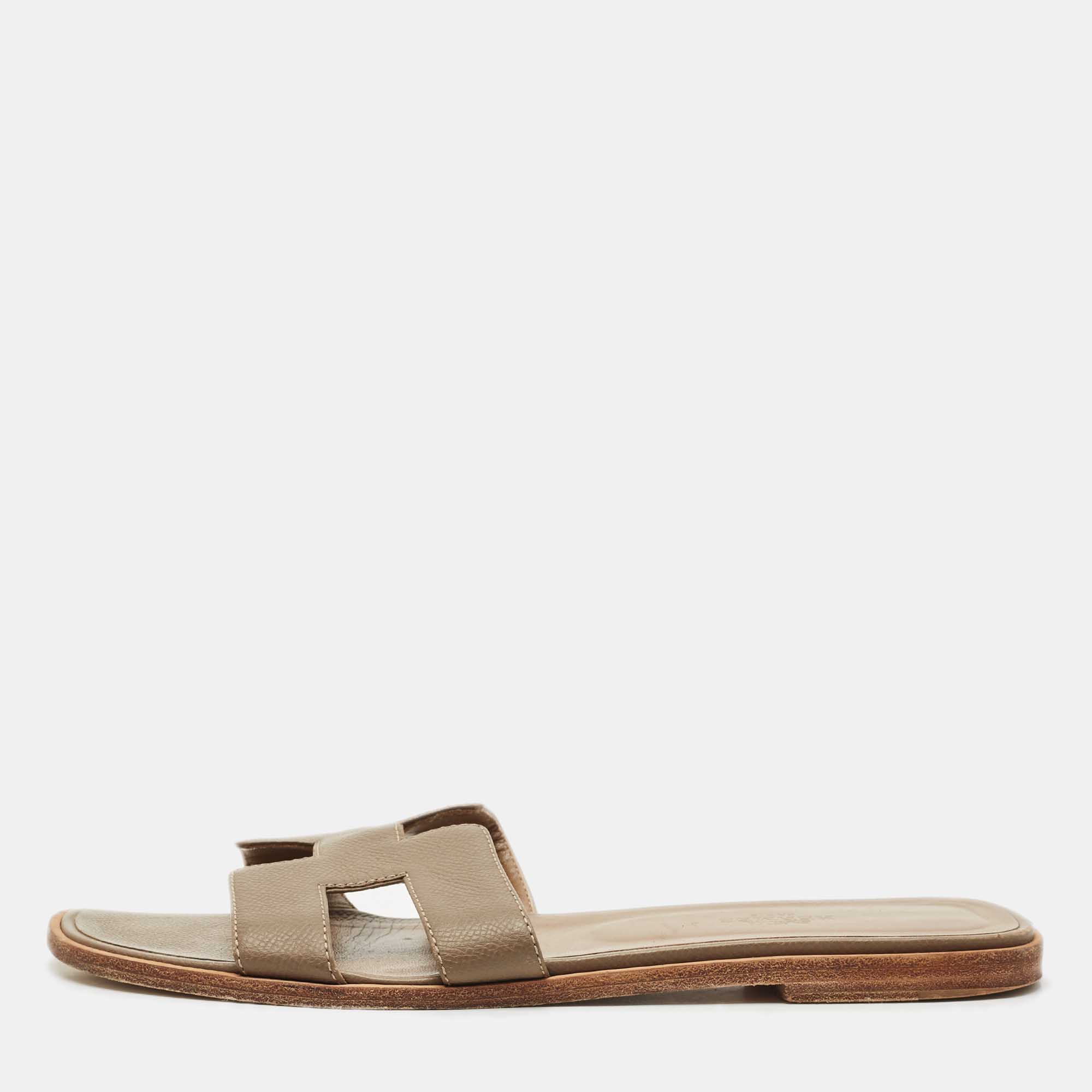 

Hermes Brown Leather Oran Flat Slides Size, Green