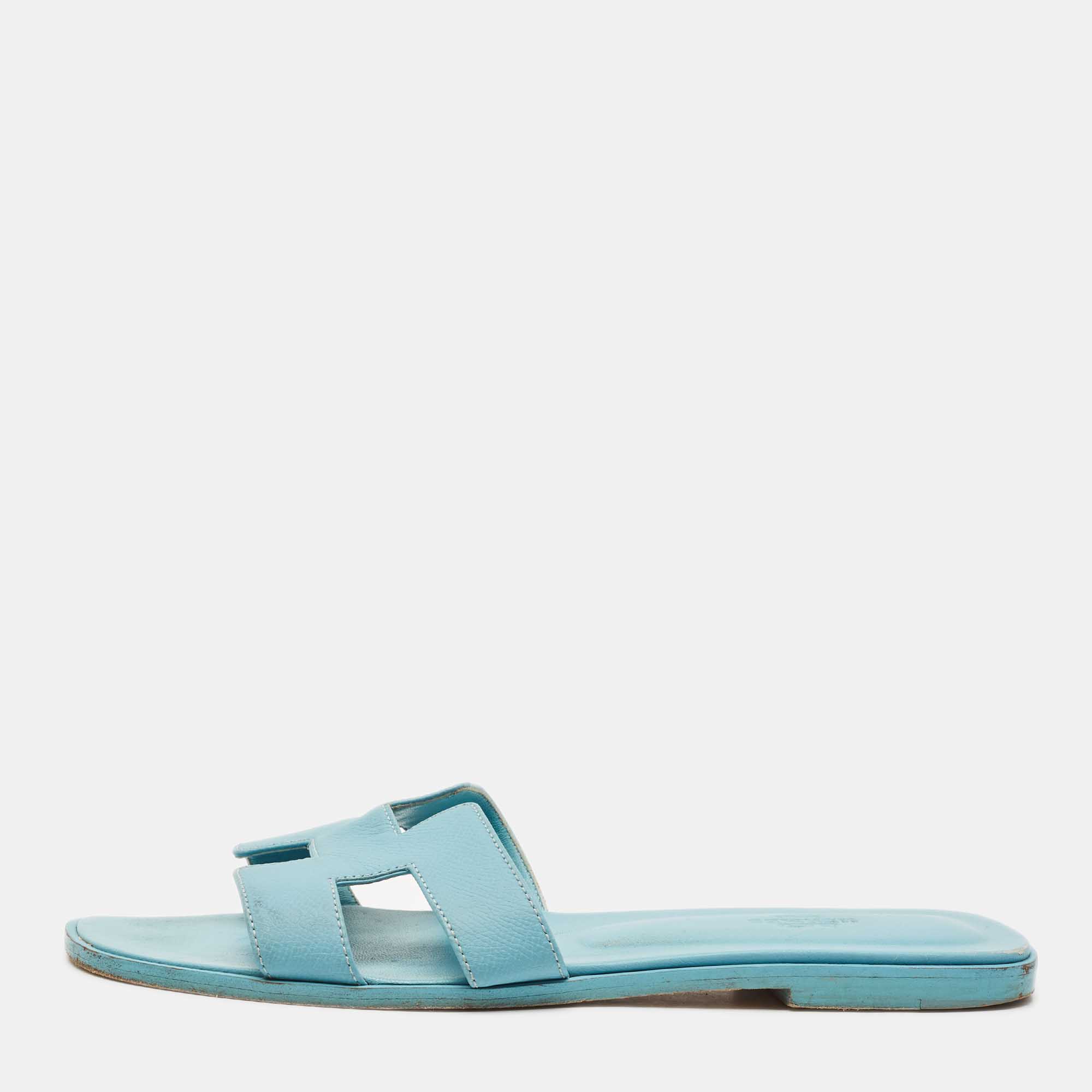 

Hermes Blue Leather Oran Flat Slide Sandals Size