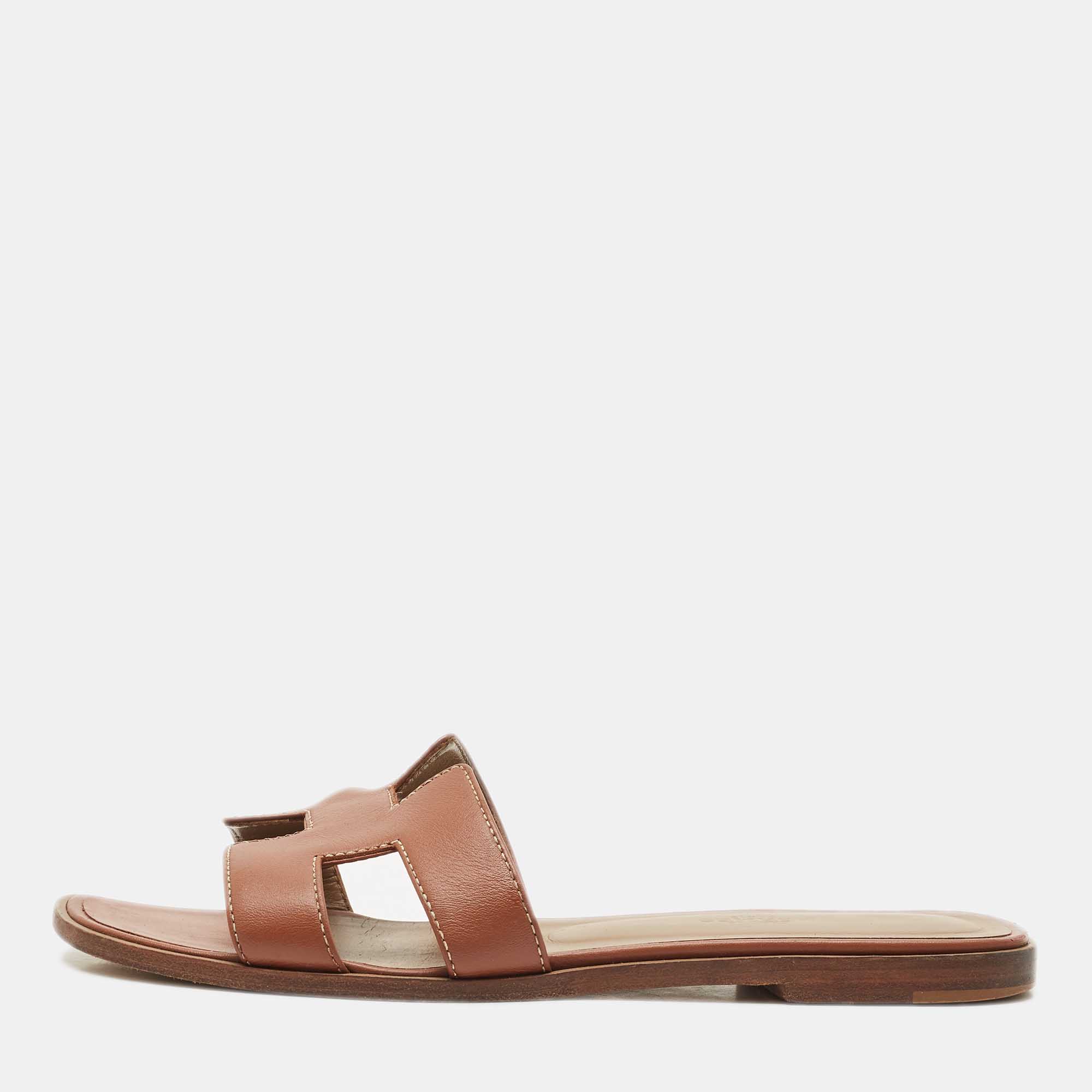 

Hermes Brown Leather Oran Flat Slide Sandals Size