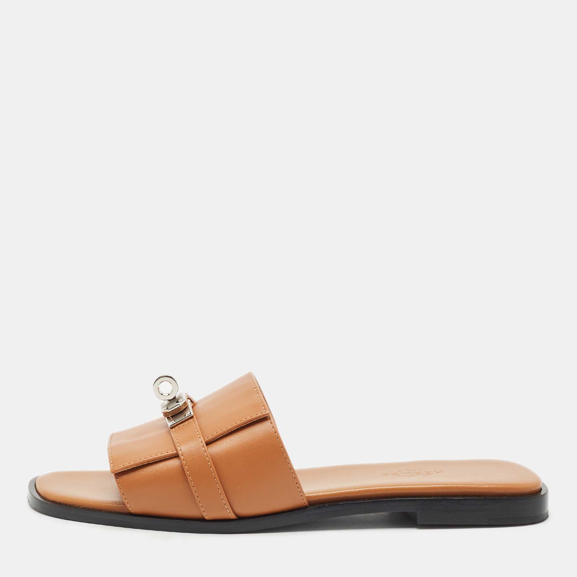 

Hermes Brown Leather Gabriel Flat Slides Size