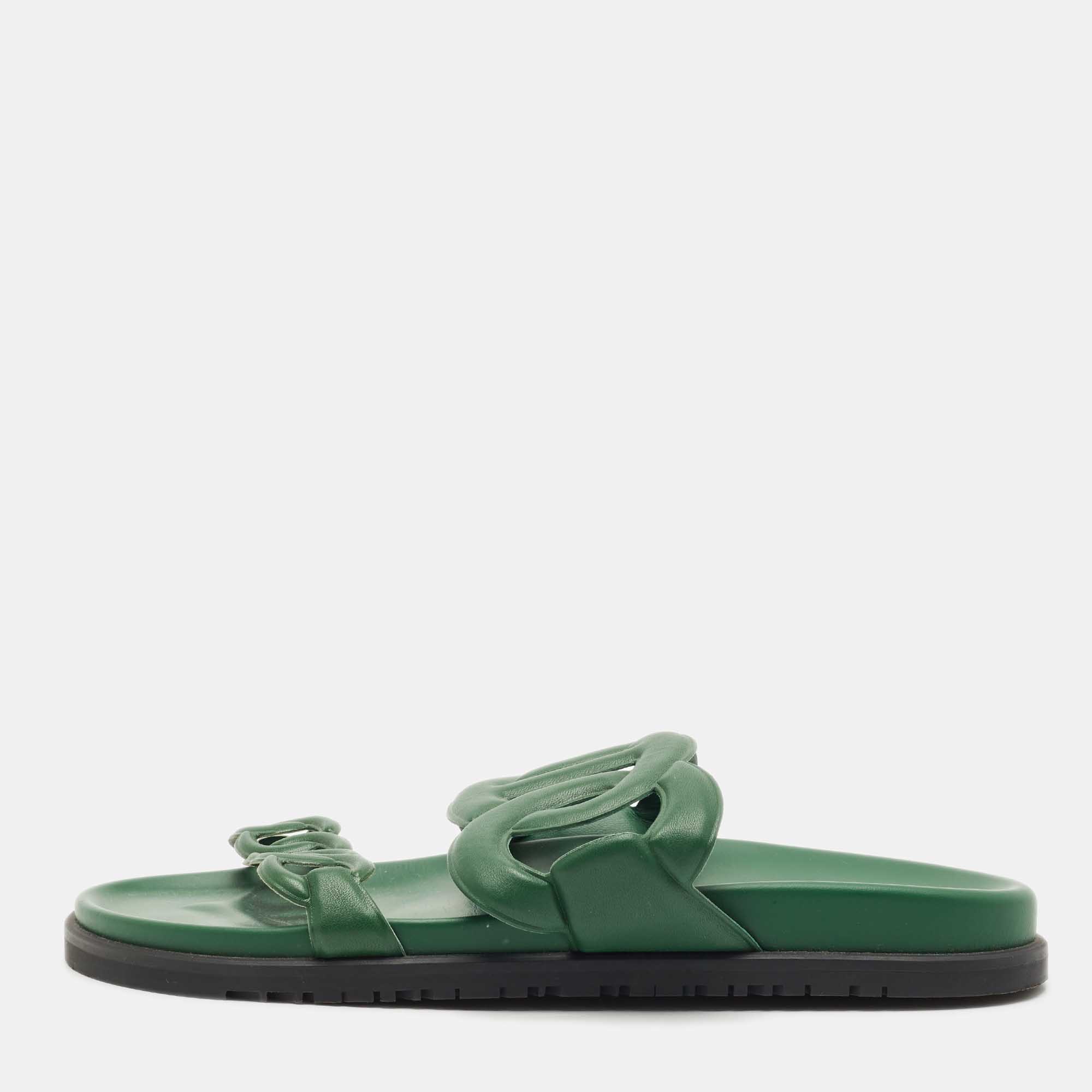 Pre-owned Hermes Dark Green Leather Extra Sandals Size 41
