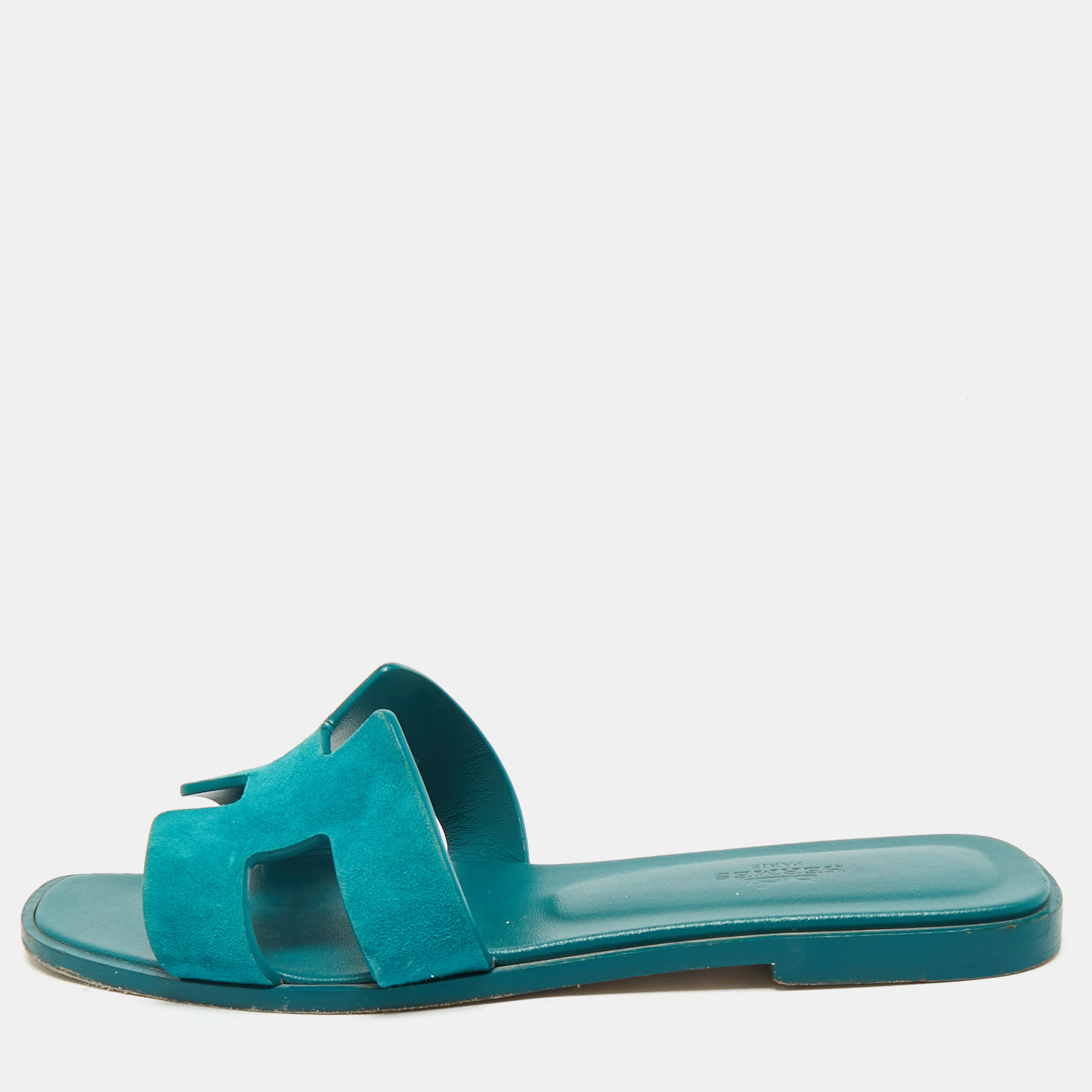 

Hermès Teal Green Suede Oran Flat Slides Size
