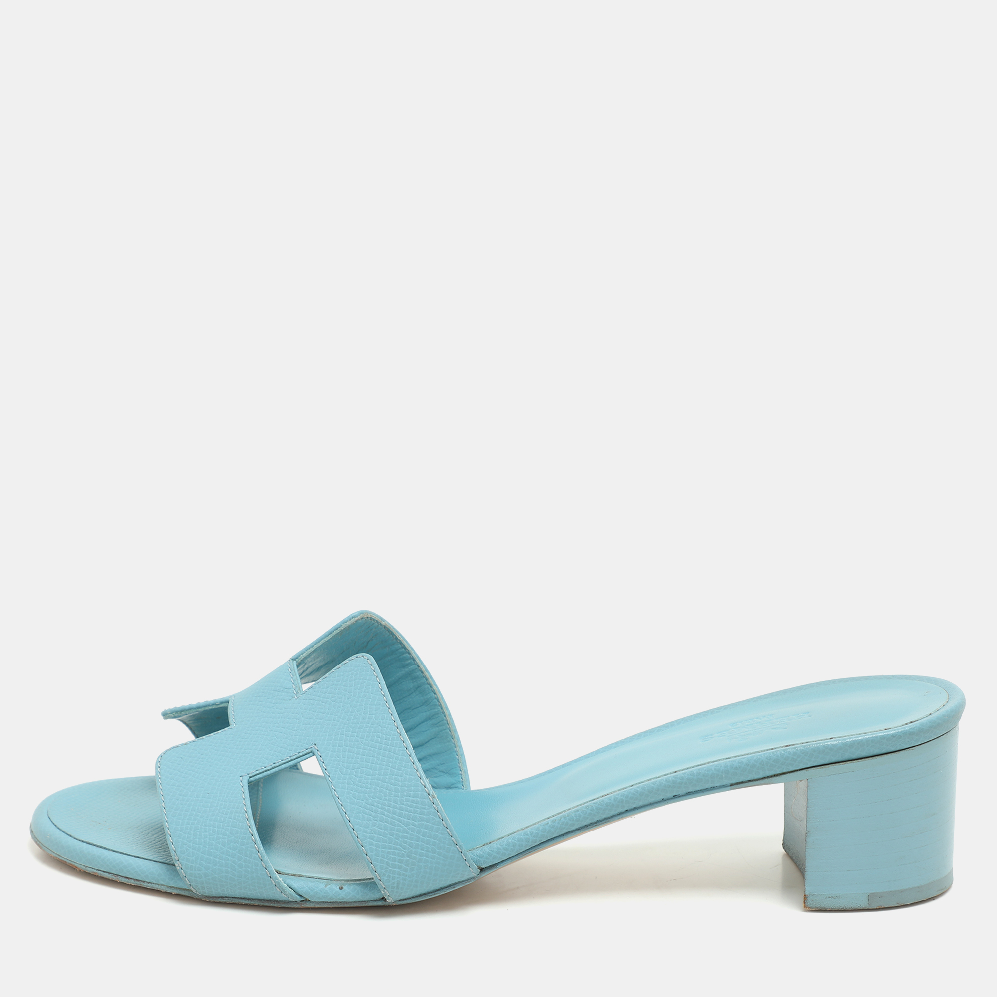 

Hermes Blue Leather Oasis Slide Sandals Size 38.5