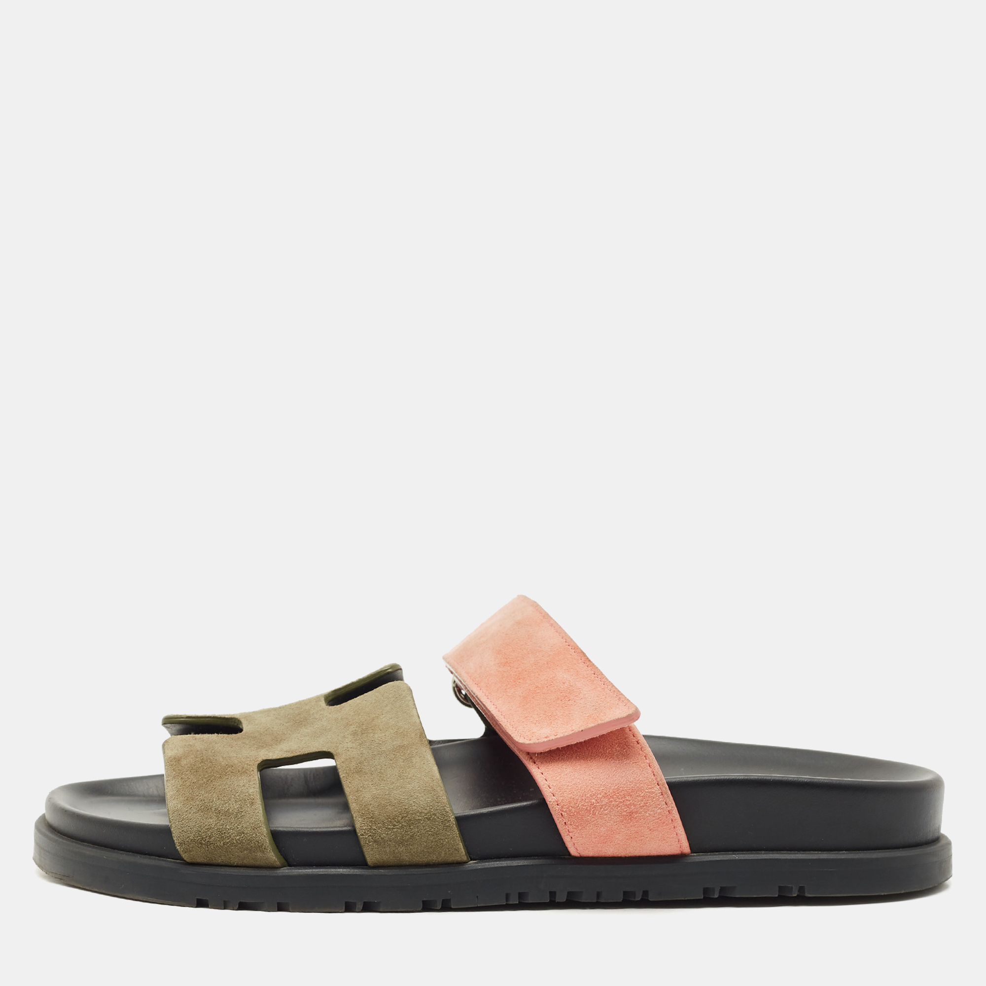 

Hermes Green/Pink Leather and Suede Chypre Flat Sandals Size