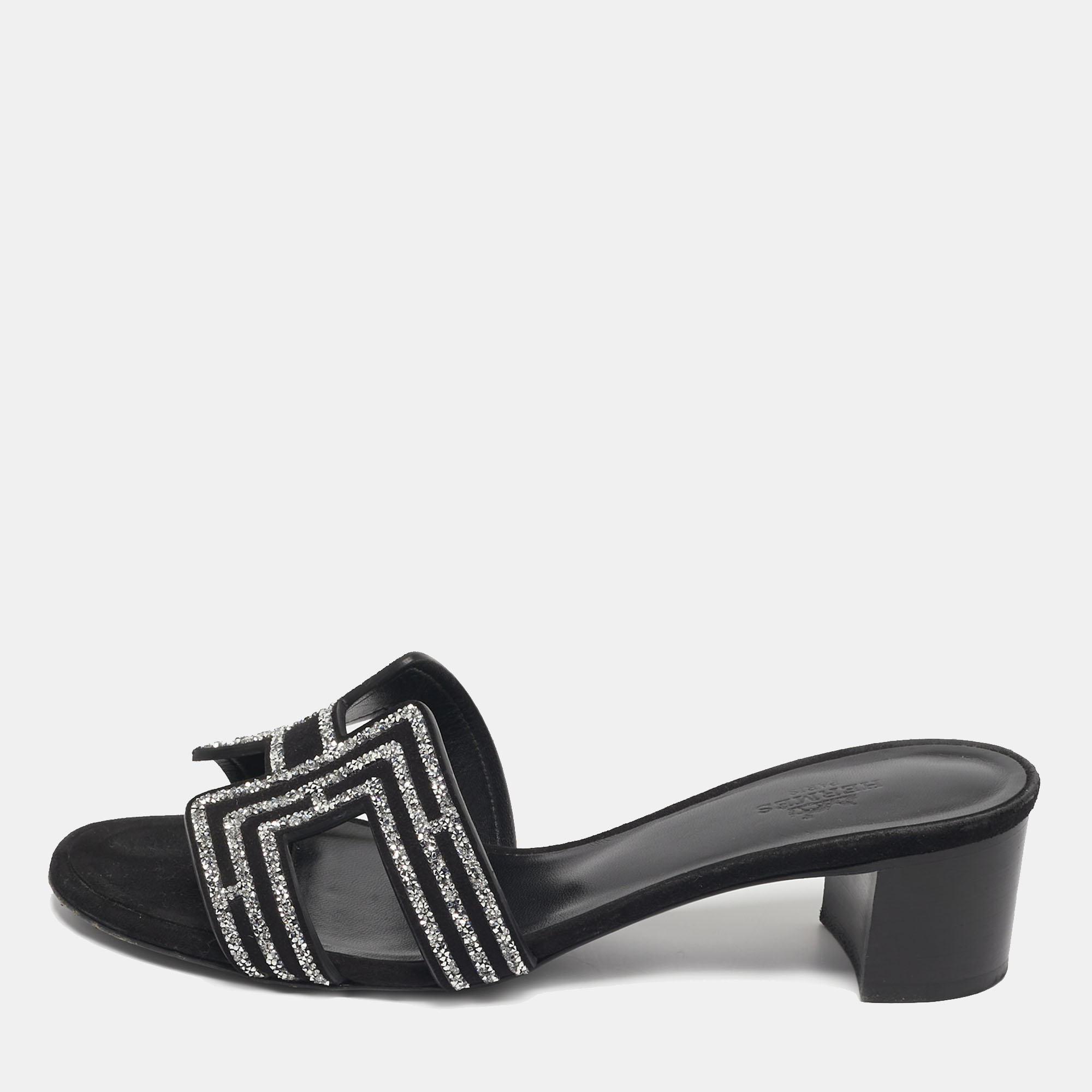 

Hermes Black Suede Crystal Embellished Oasis Slide Sandals Size