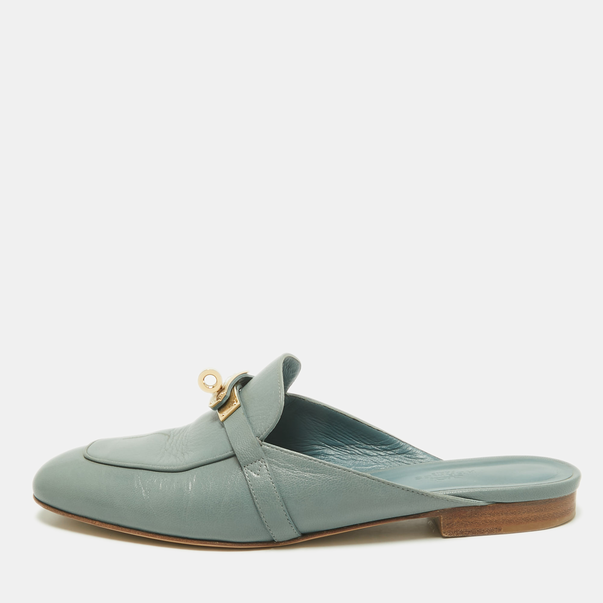 

Hermes Blue Leather Gold Plated Oz Mule Sandals Size