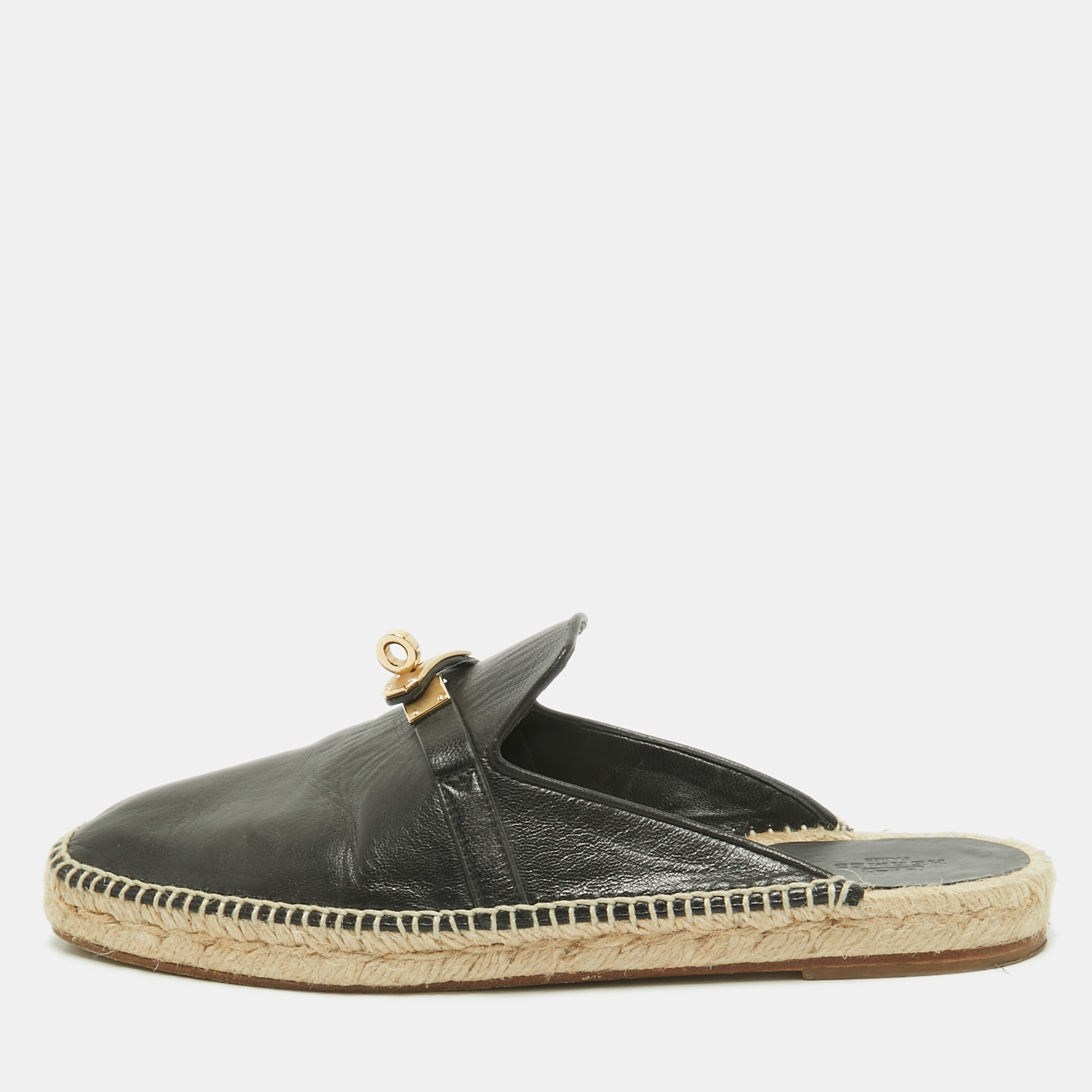 

Hermes Black Leather Oz Espadrille Sandals Size