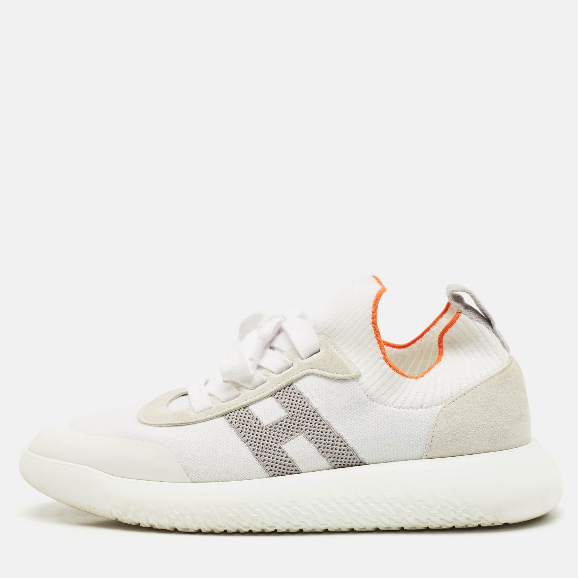 

Hermes White/Grey Knit Fabric Crew Sneakers Size