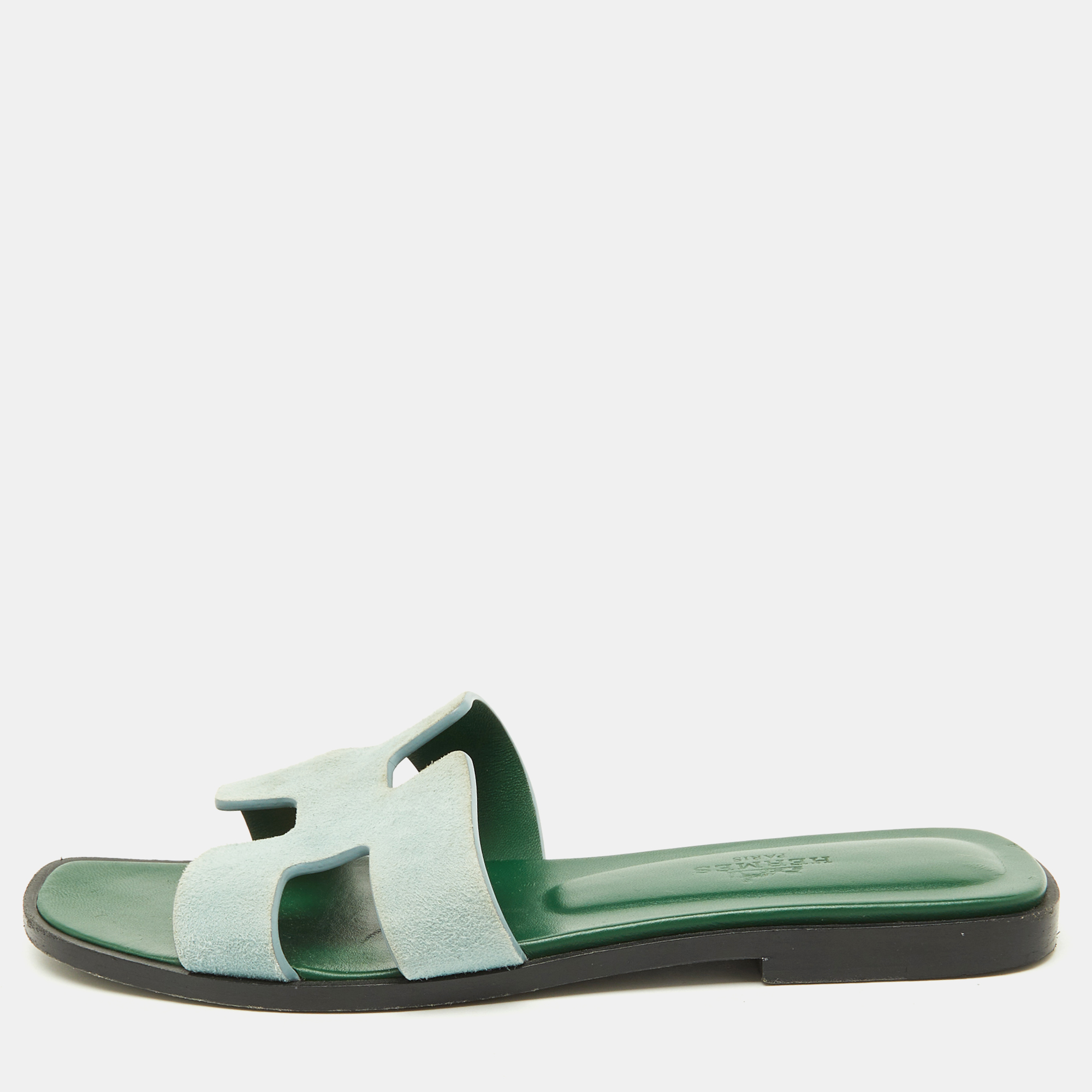 

Hermes Green Leather Oran Flat Slides Size