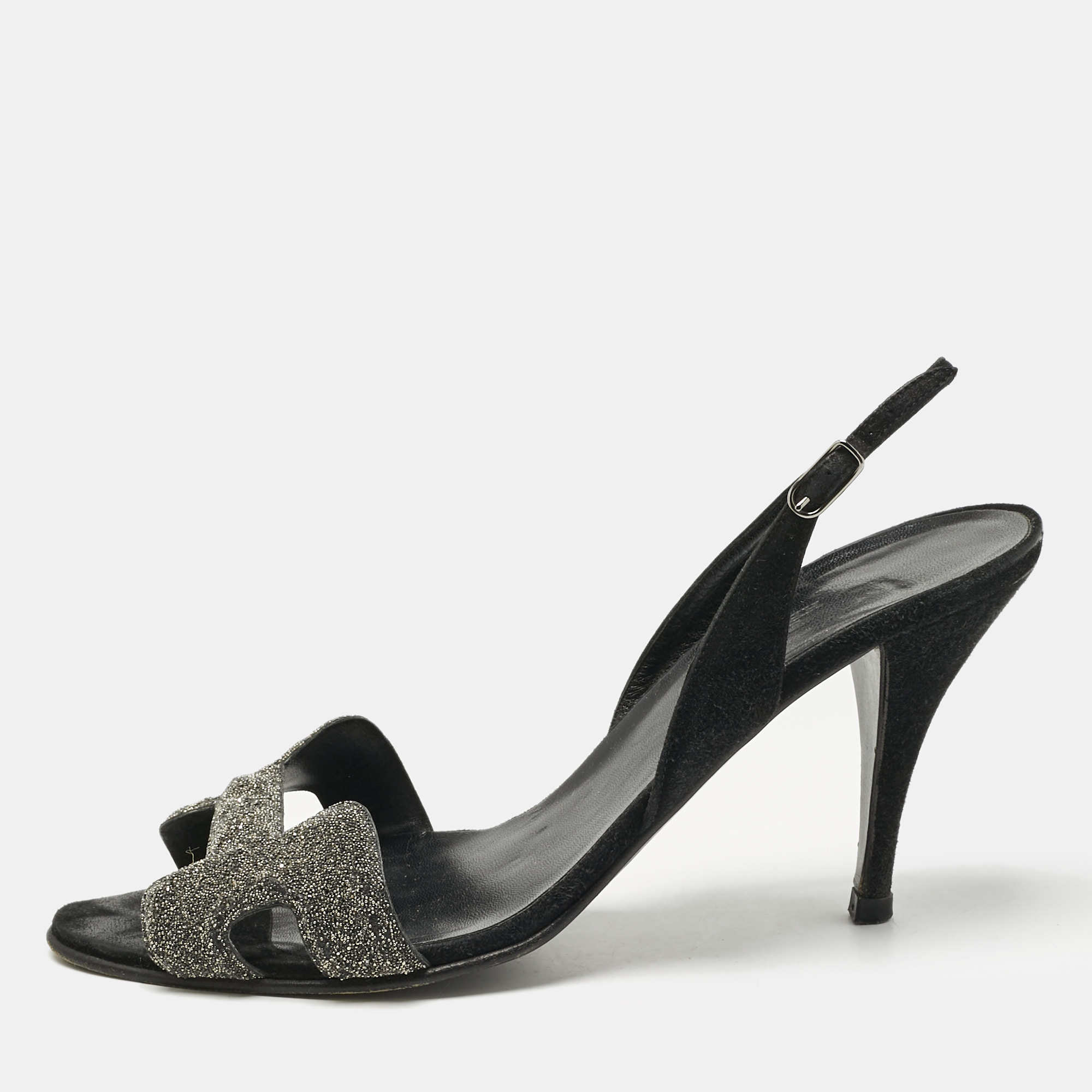 

Hermes Black Glitter and Suede Night Slingback Sandals Size
