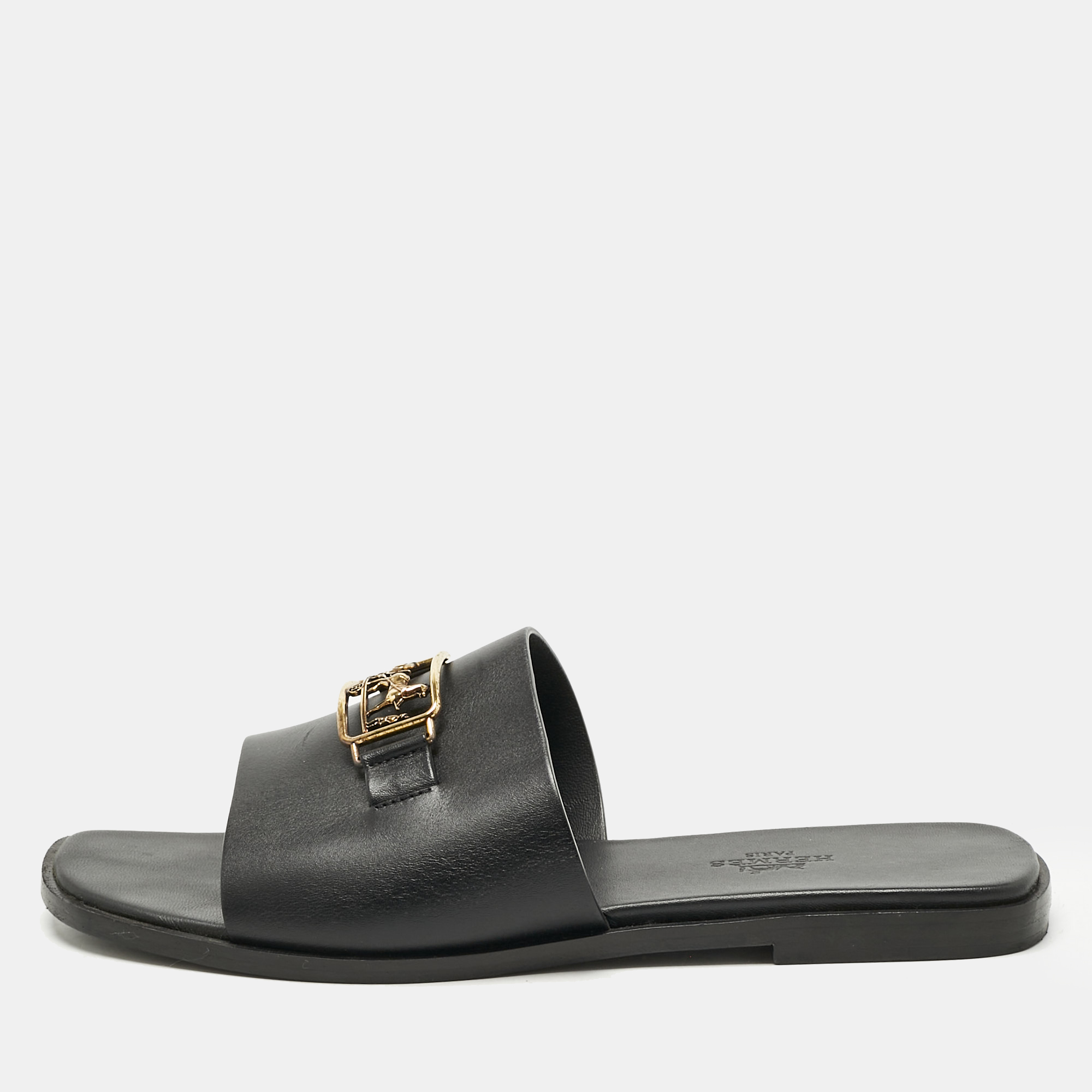 Pre-owned Hermes Black Leather Villa Flat Slides Size 37.5