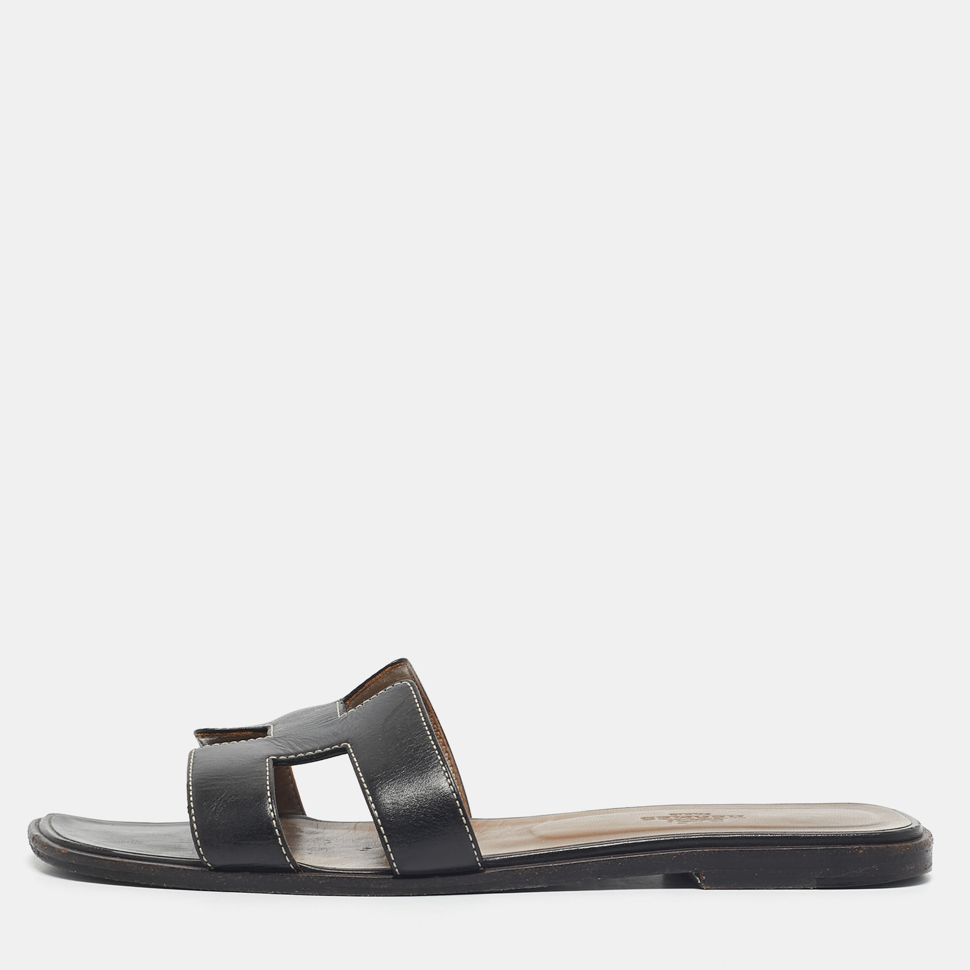 

Hermes Black Leather Oran Flat Slide Sandals Size