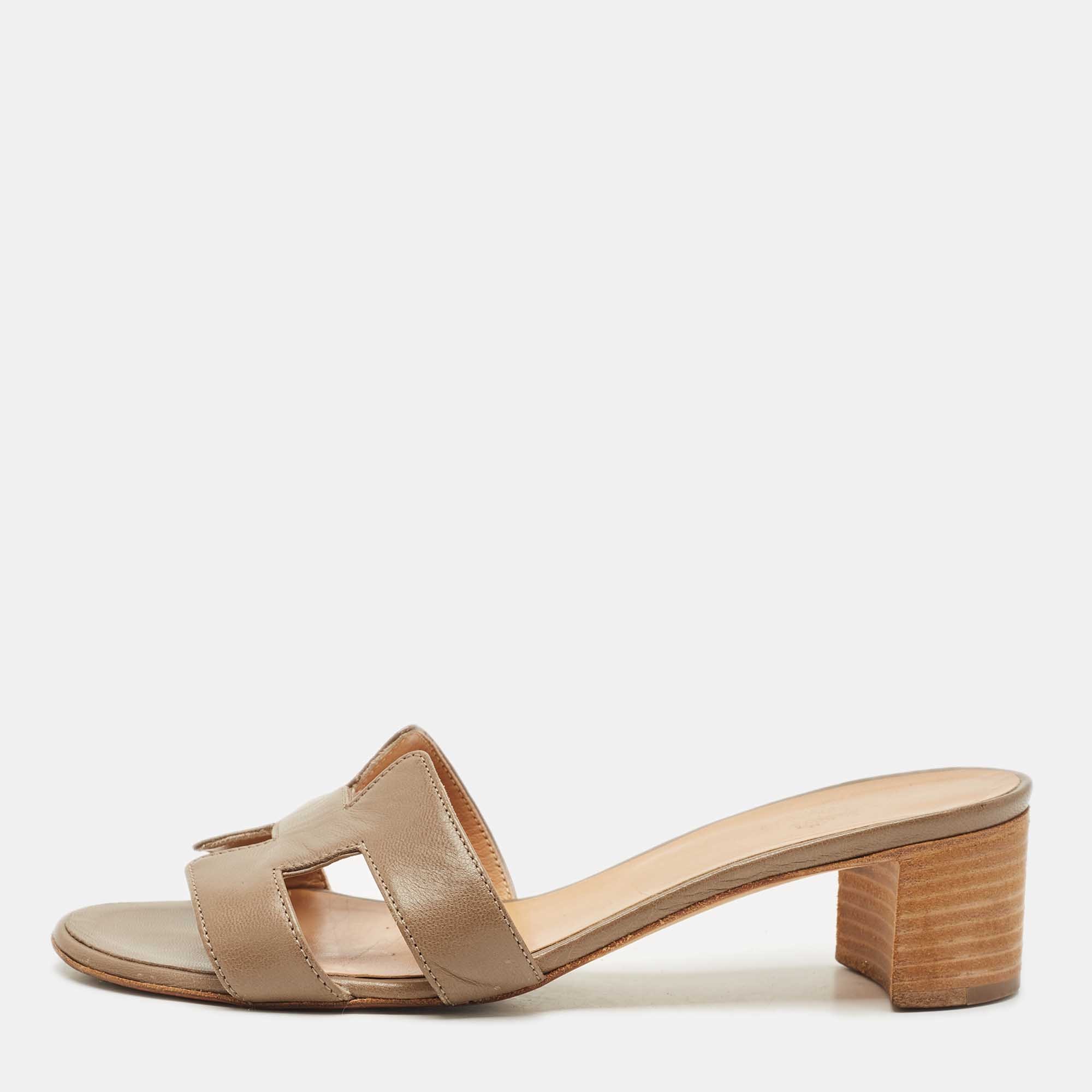 Pre-owned Hermes Green Leather Oasis Slide Sandals Size 38.5