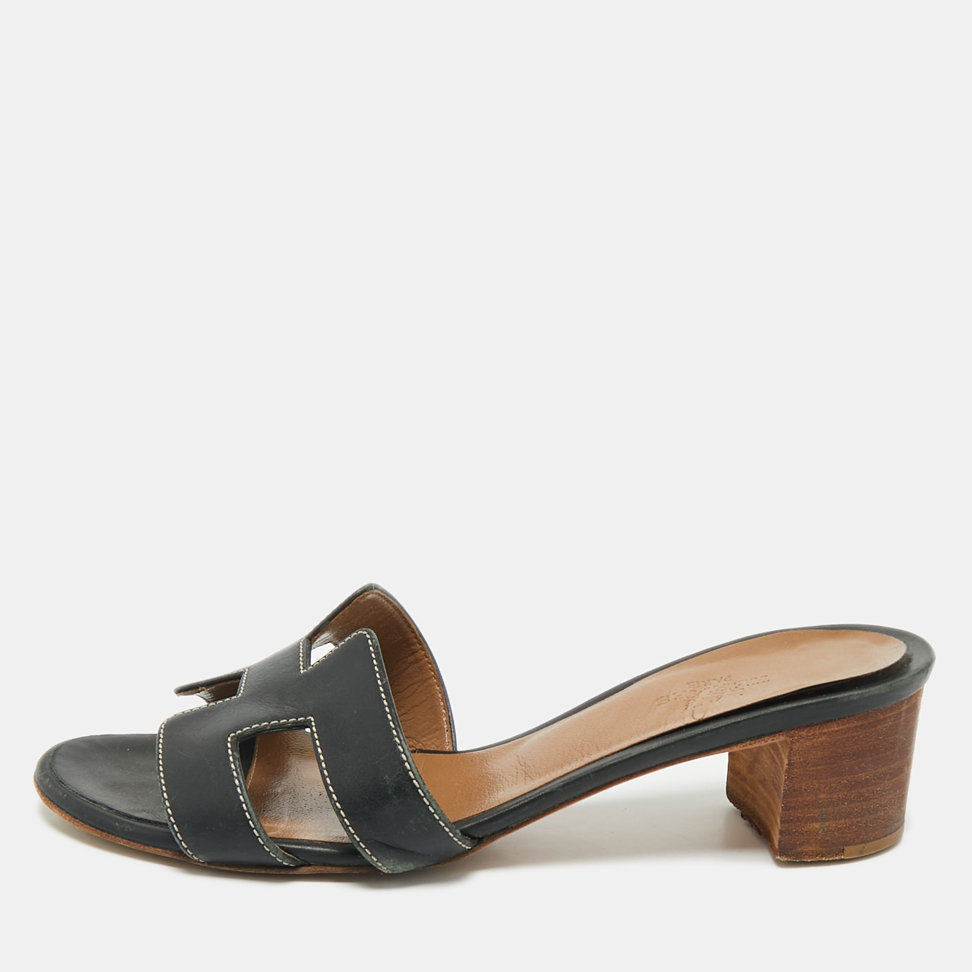 Pre-owned Hermes Black Leather Oasis Slide Sandals Size 35.5