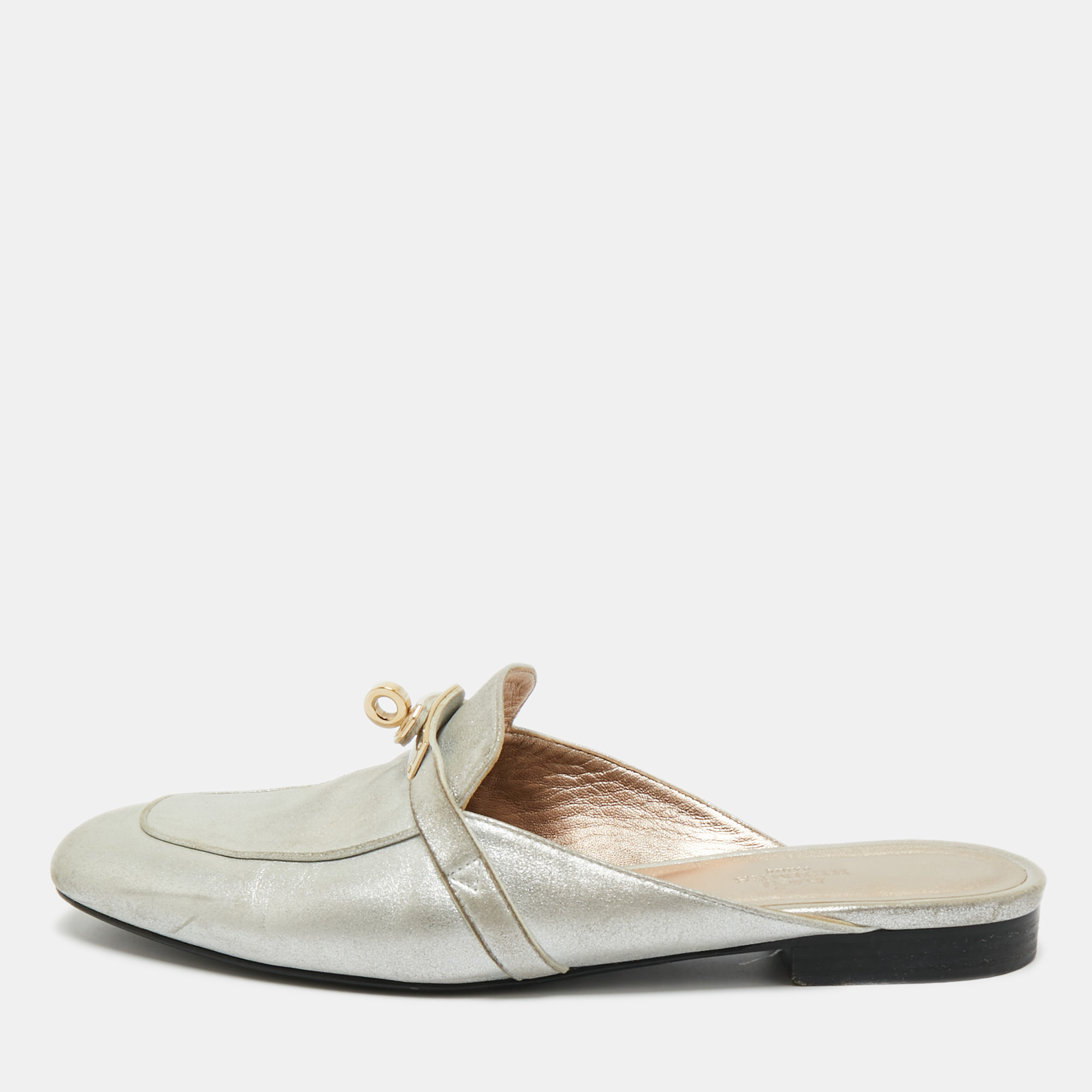 

Hermes Silver Leather Oz Mules Size