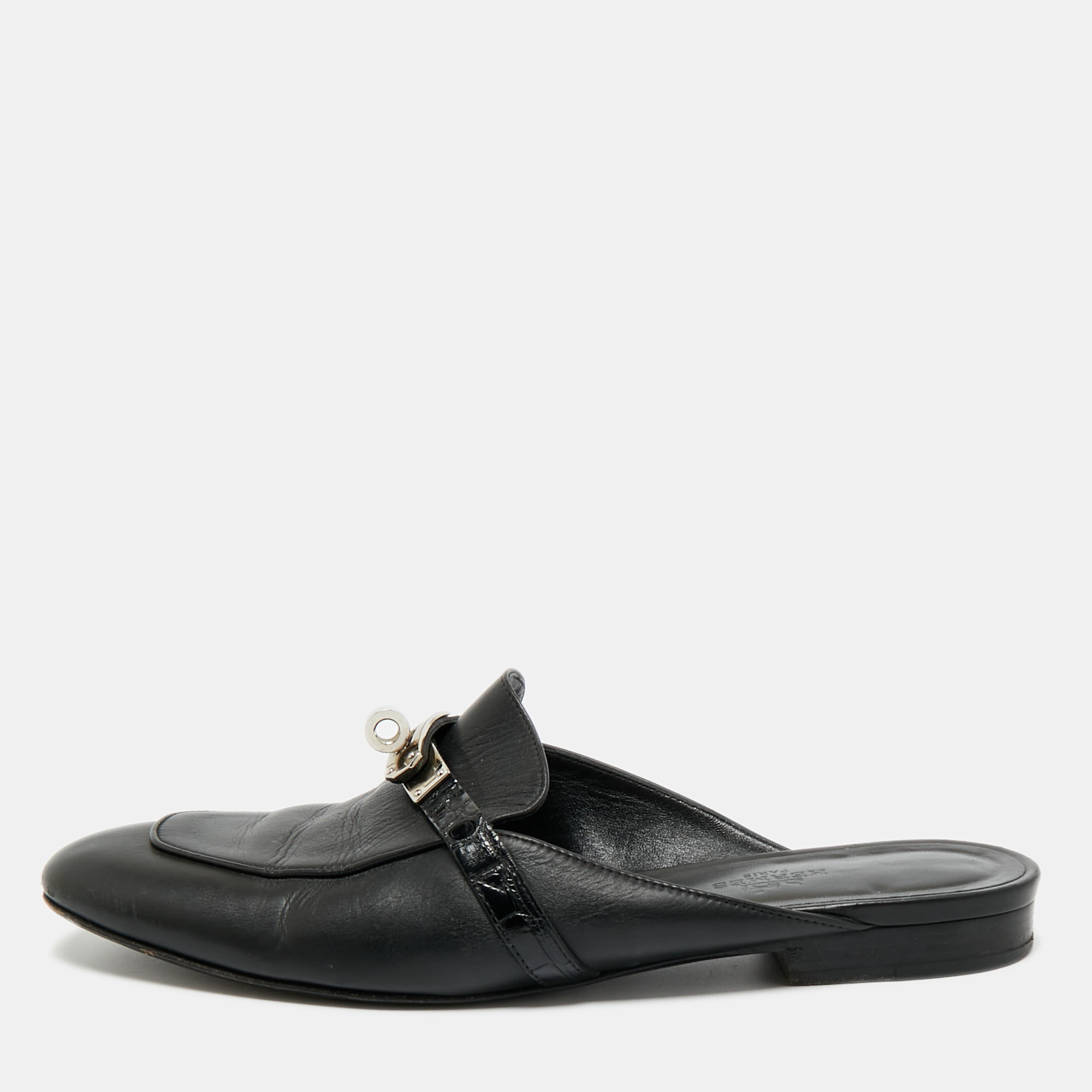 

Hermes Black Leather Palladium Plated Oz Mule Sandals Size