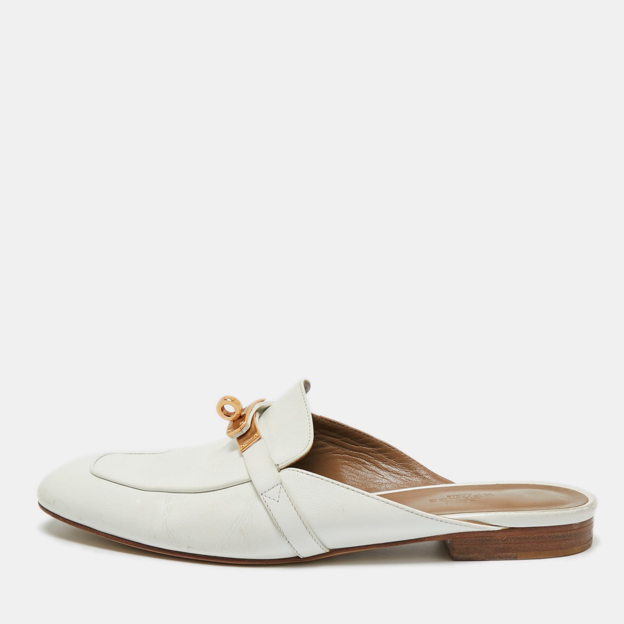 Pre-owned Hermes White Leather Palladium Plated oz Mule Sandals Size 39