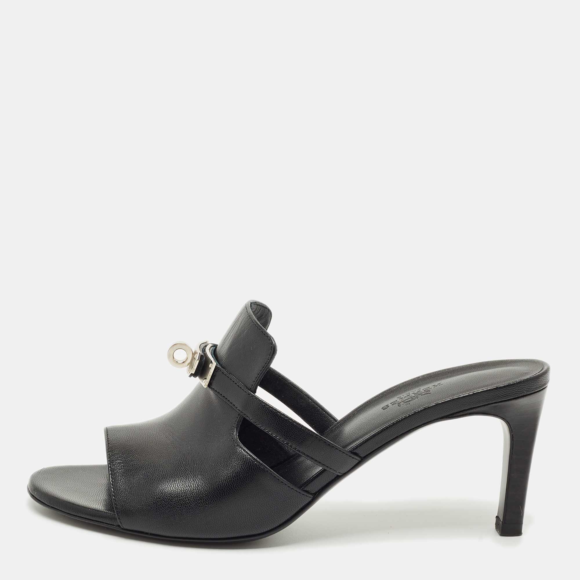 

Hermes Black Leather Cute Slide Sandals Size