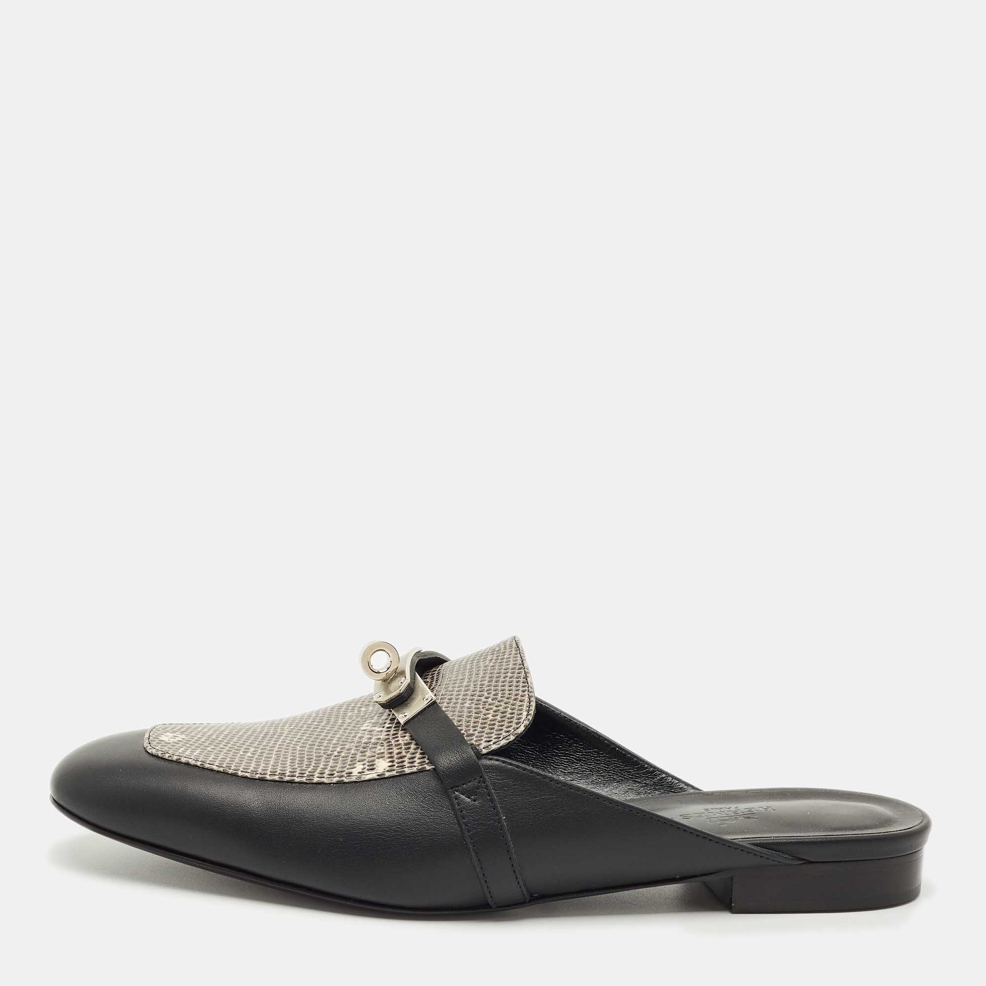 

Hermes Black Leather and Lizard Leather Oz Mules Size