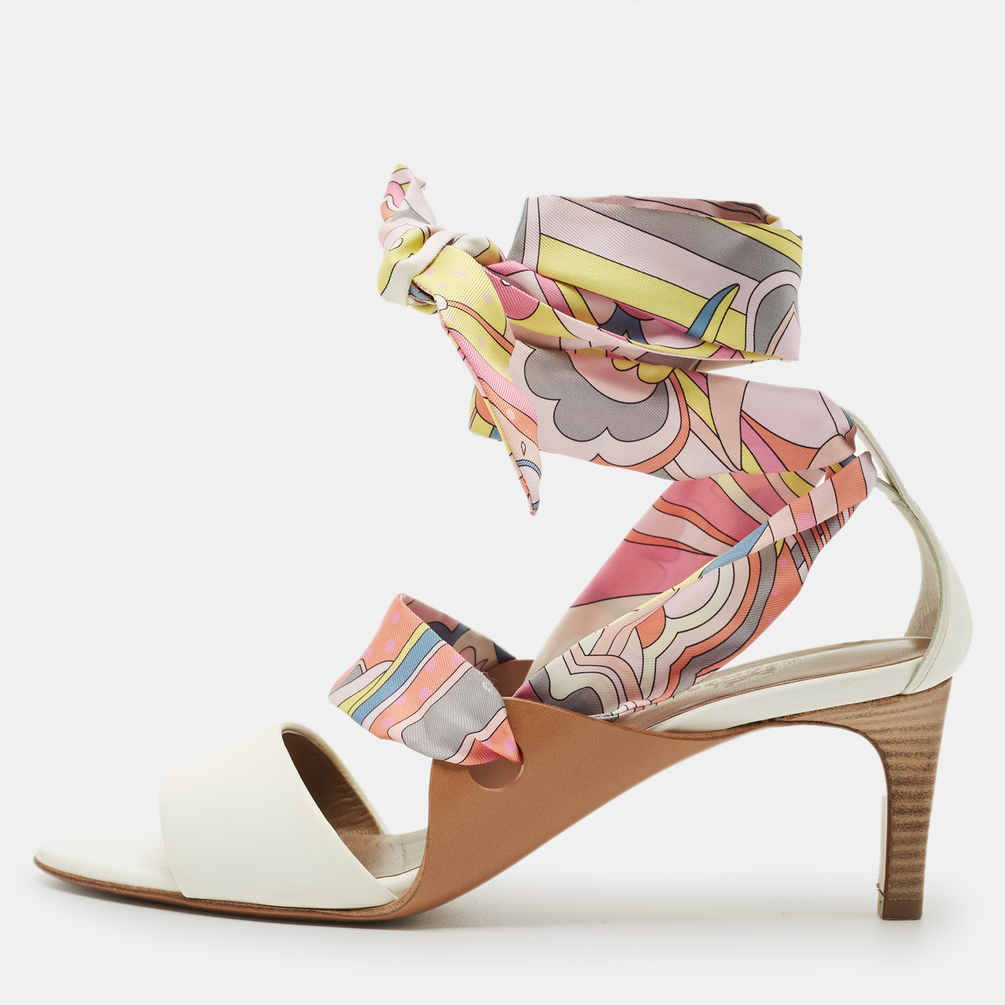 

Hermes White Leather Ankle Wrap Silk Sandals Size