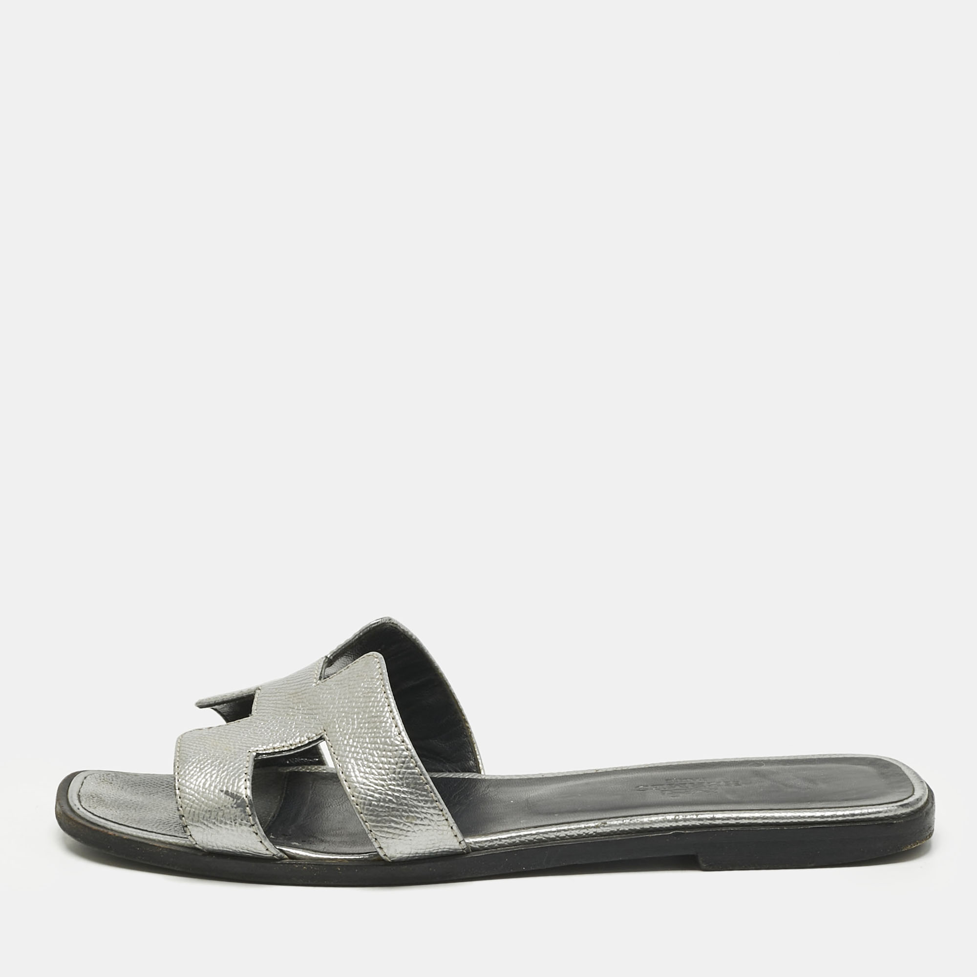 Hermes Silver Leather Oran Flat Slides Size 38