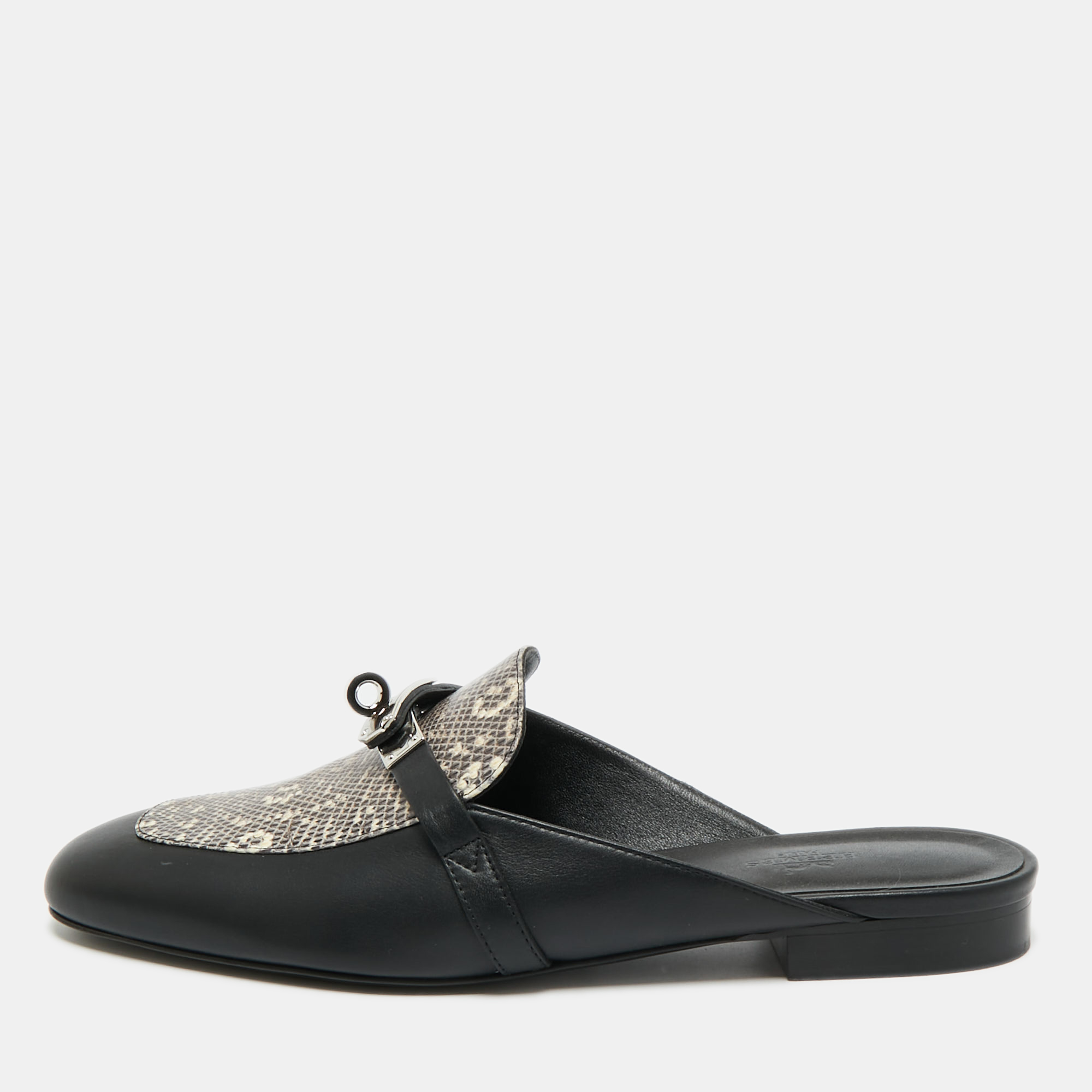 

Hermès Black Karung Leather and Leather Oz Mules Size