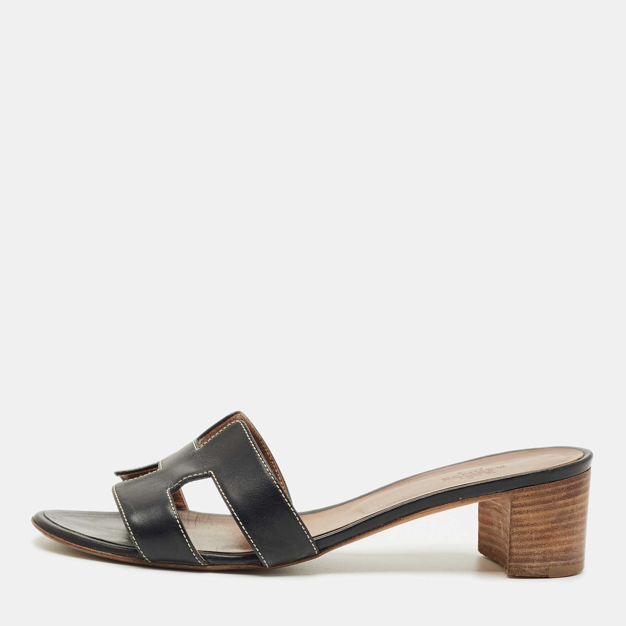 

Hermes Black Leather Oasis Slide Sandals Size