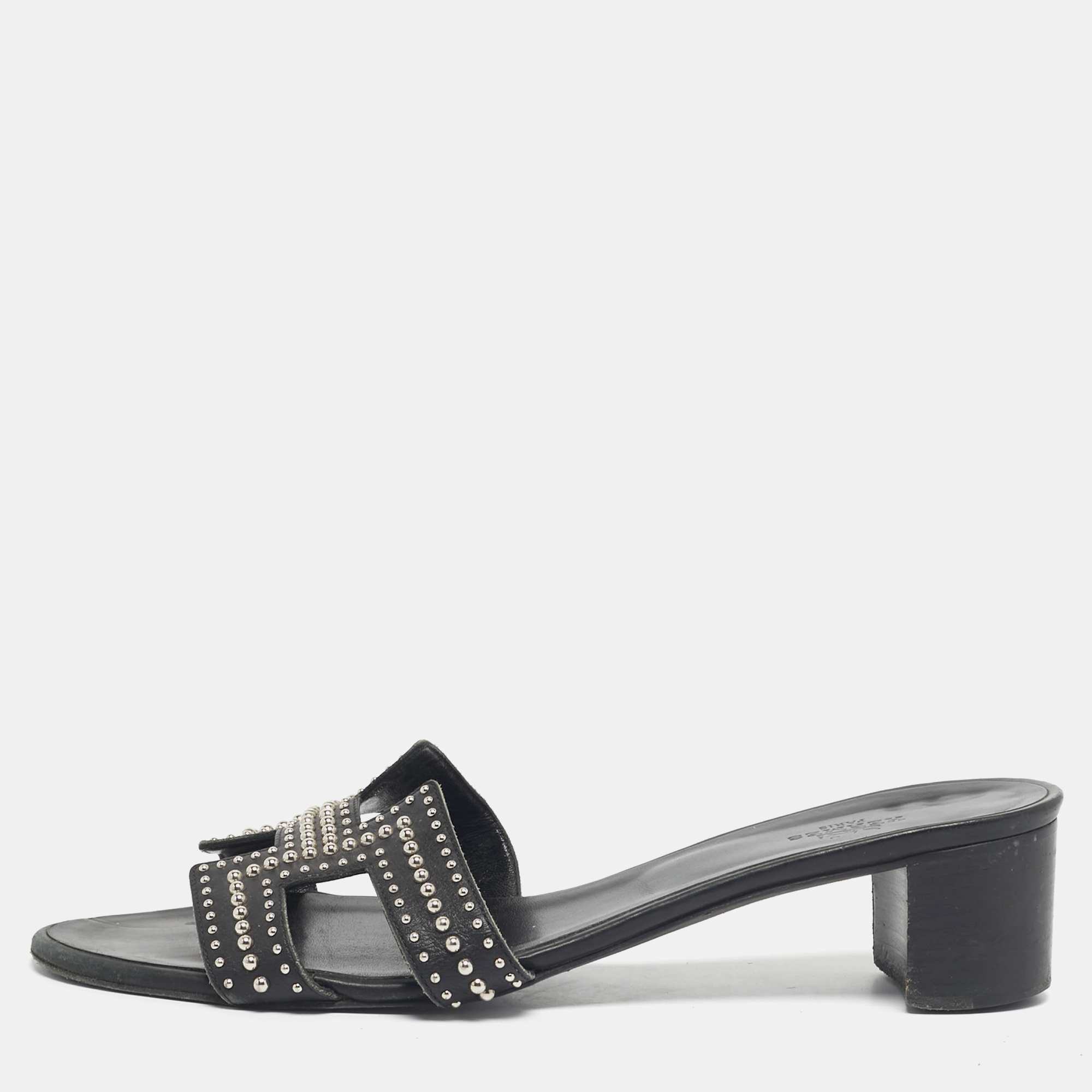 

Hermes Black Leather Studded Oasis Slide Sandals Size