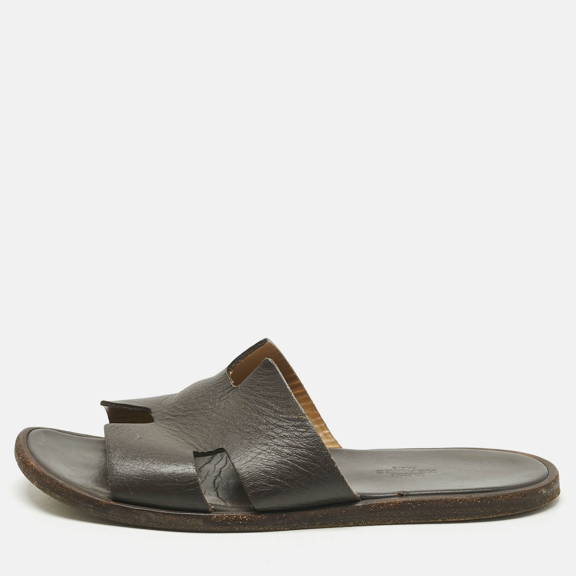 Hermes Dark Brown Leather Izmir Flat Slide Sandals Size 40
