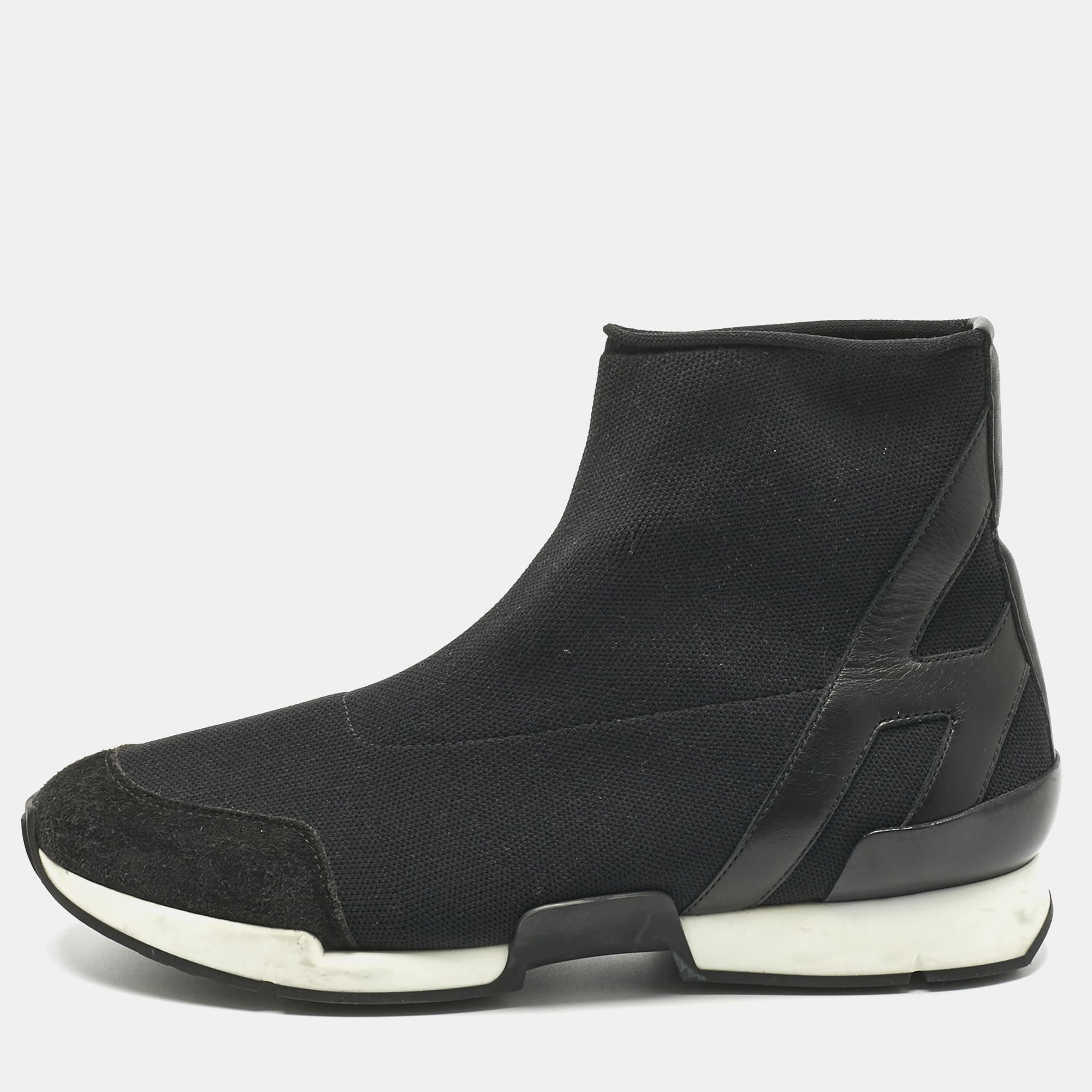 Hermes Black Knit Fabric and Leather Soft High Top Sneakers Size 36