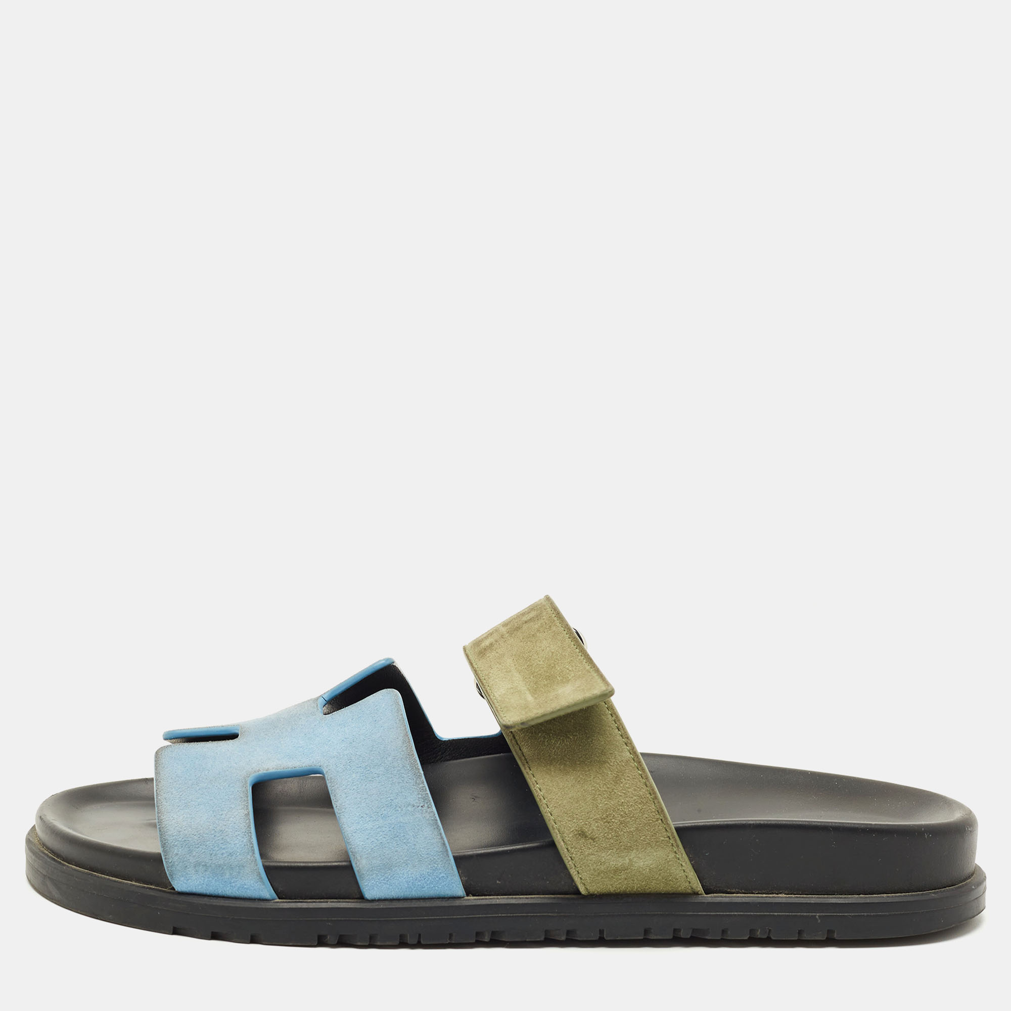 Pre-owned Hermes Blue/green Suede Chypre Flat Sandals Size 40.5